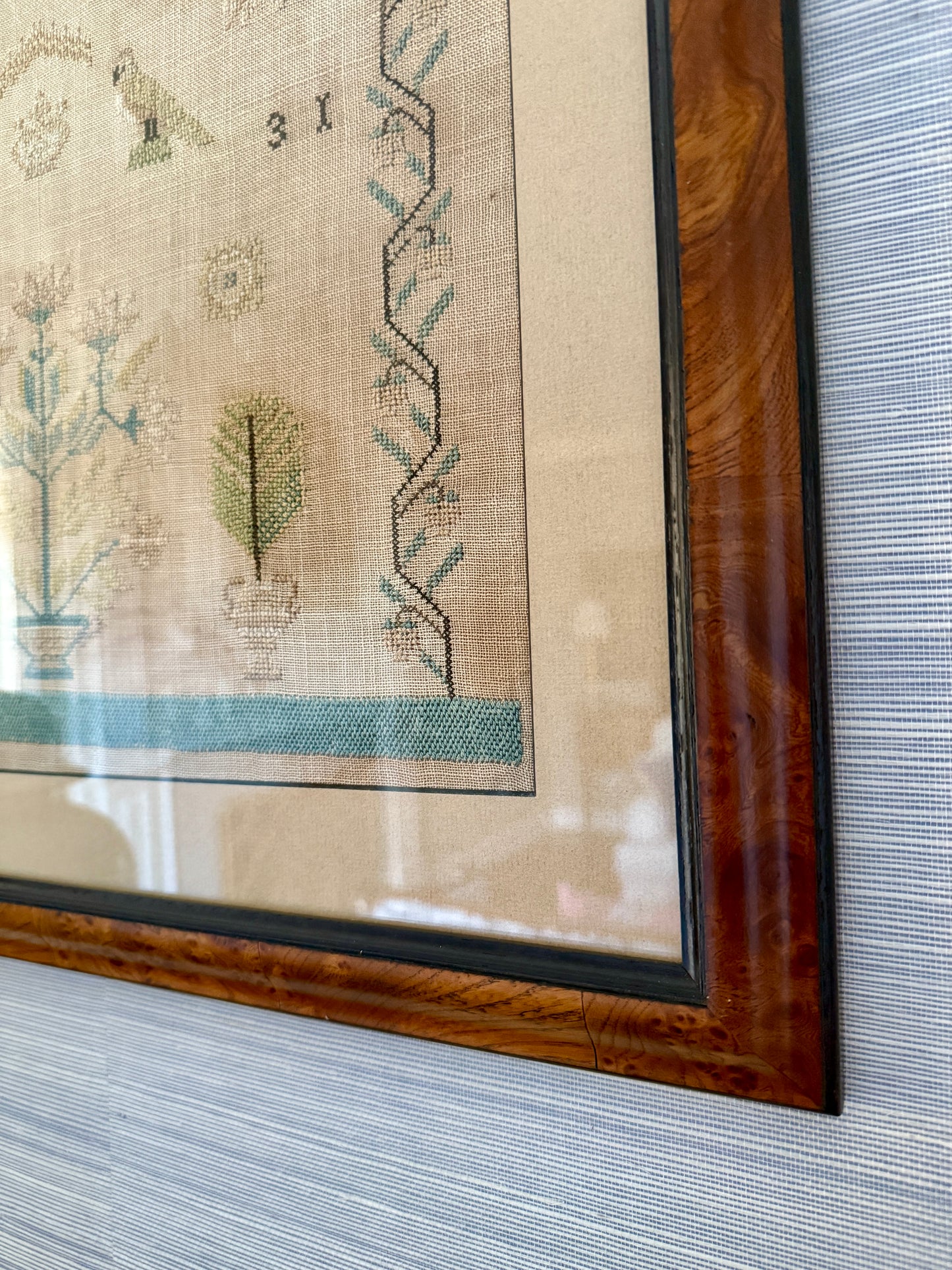 1831 English Needlepoint Sampler with Strawberry Vine, Birds, Tree in Burlwood Frame