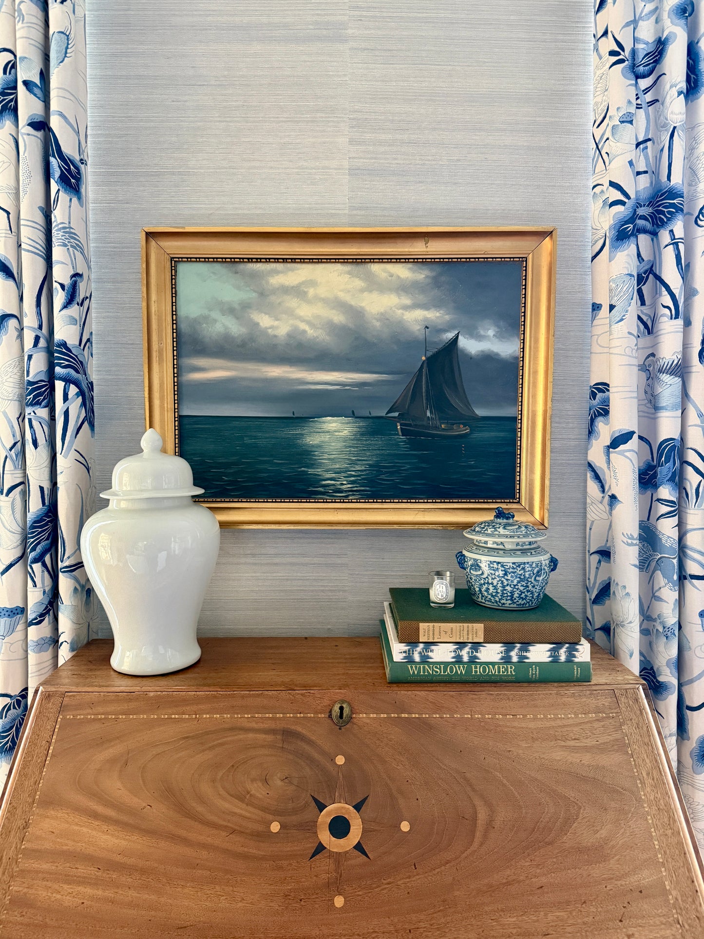 Early 20th C. Sailboats Under the Moonlight Seascape Oil Painting in Gold Frame