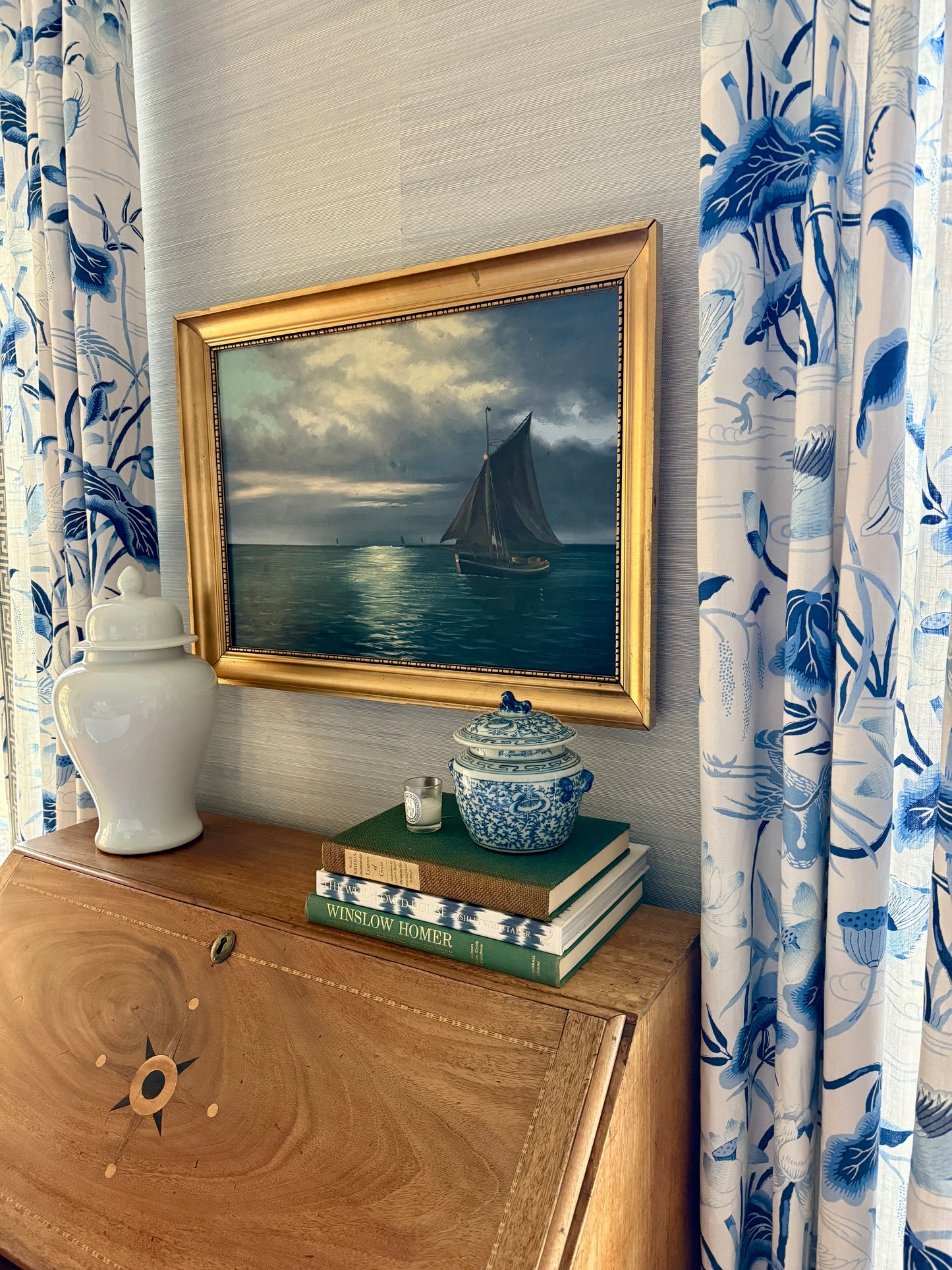 Early 20th C. Sailboats Under the Moonlight Seascape Oil Painting in Gold Frame