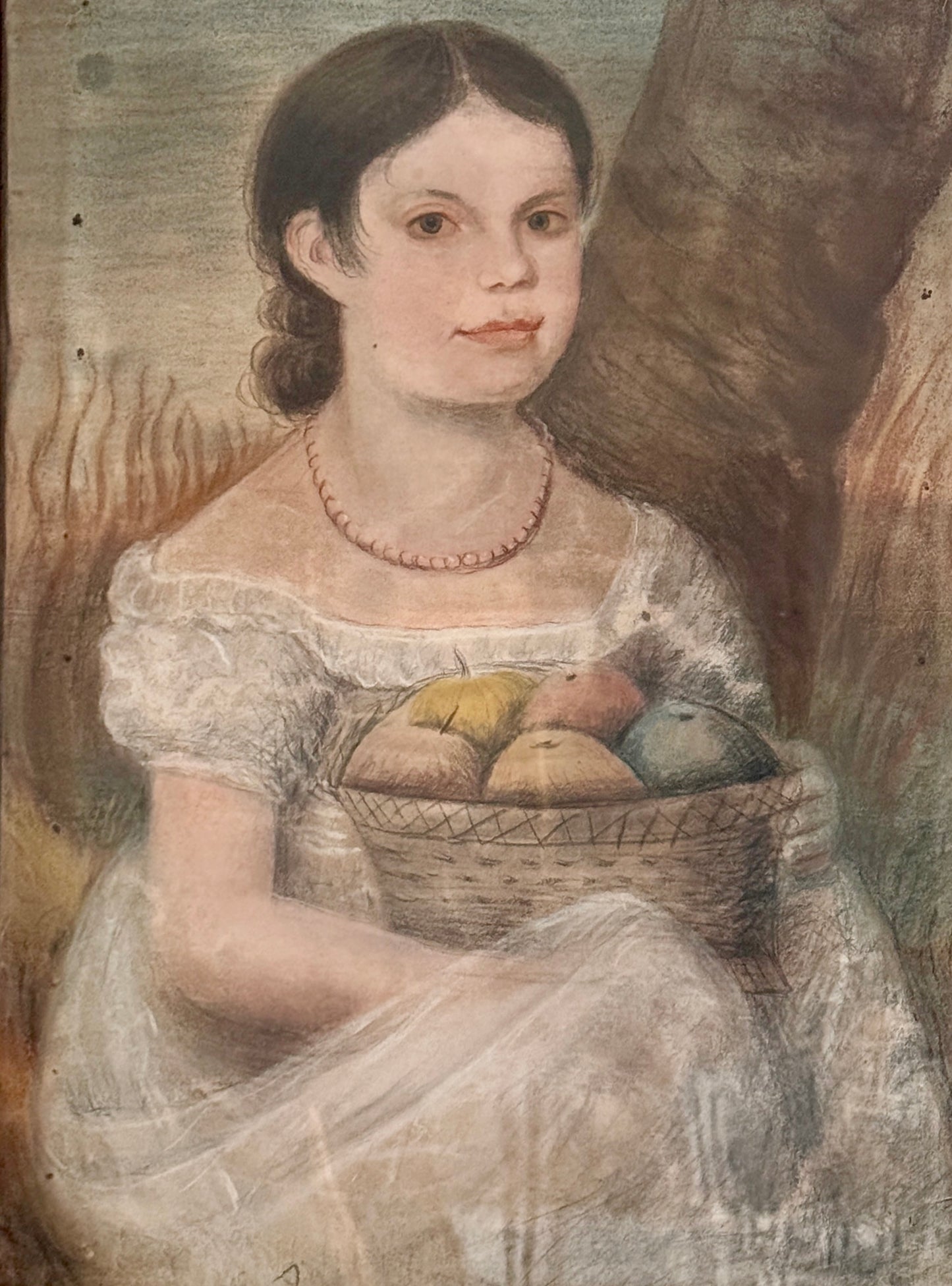 19th Century Pastel Portrait of a Young Girl Holding Fruit Basket in Antique Gold Frame