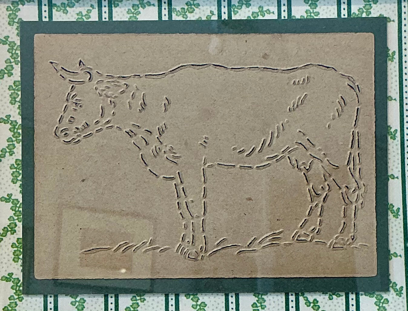 Vintage Cow Quilting Stencil on Green Ivy Stripes in Gold Frame