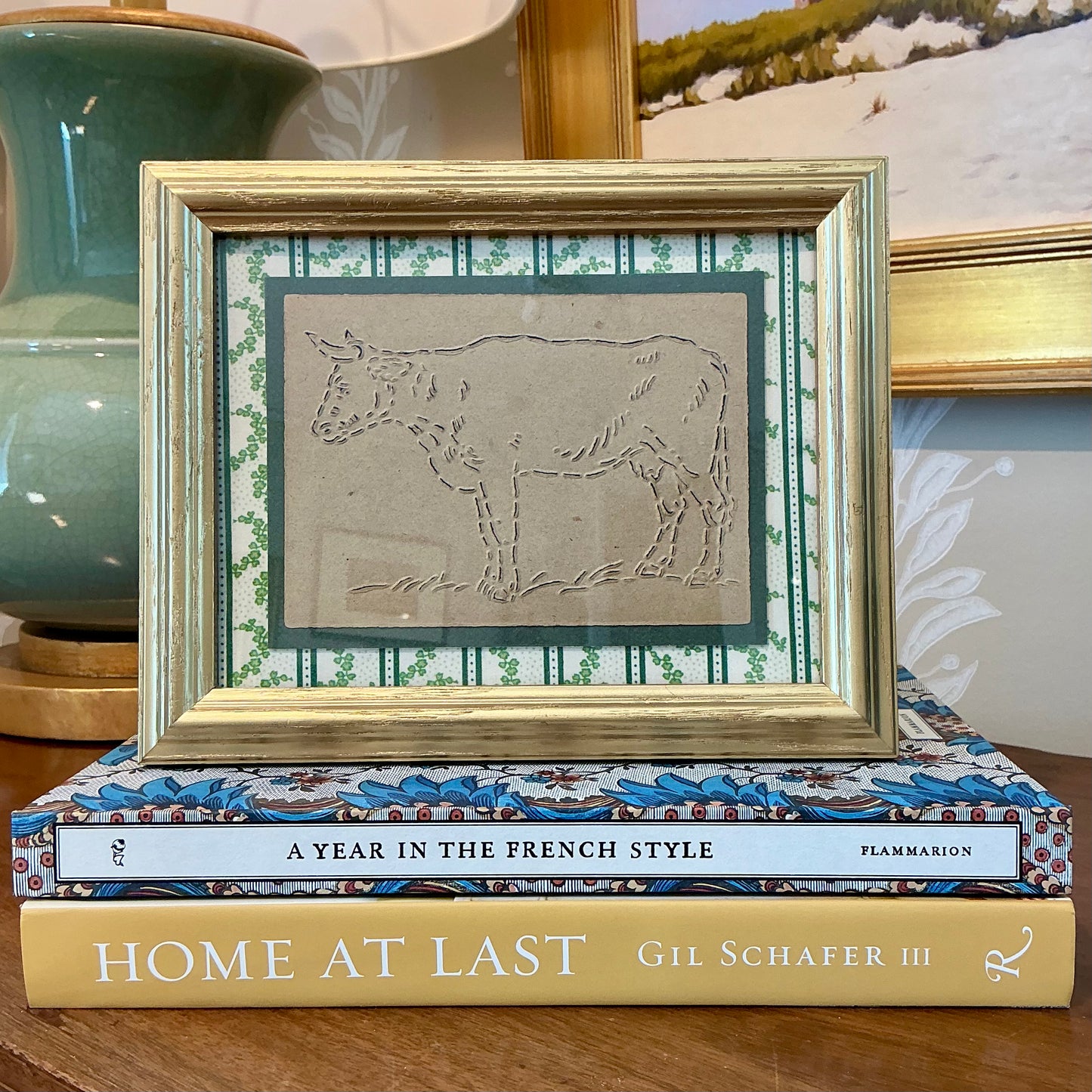 Vintage Cow Quilting Stencil on Green Ivy Stripes in Gold Frame
