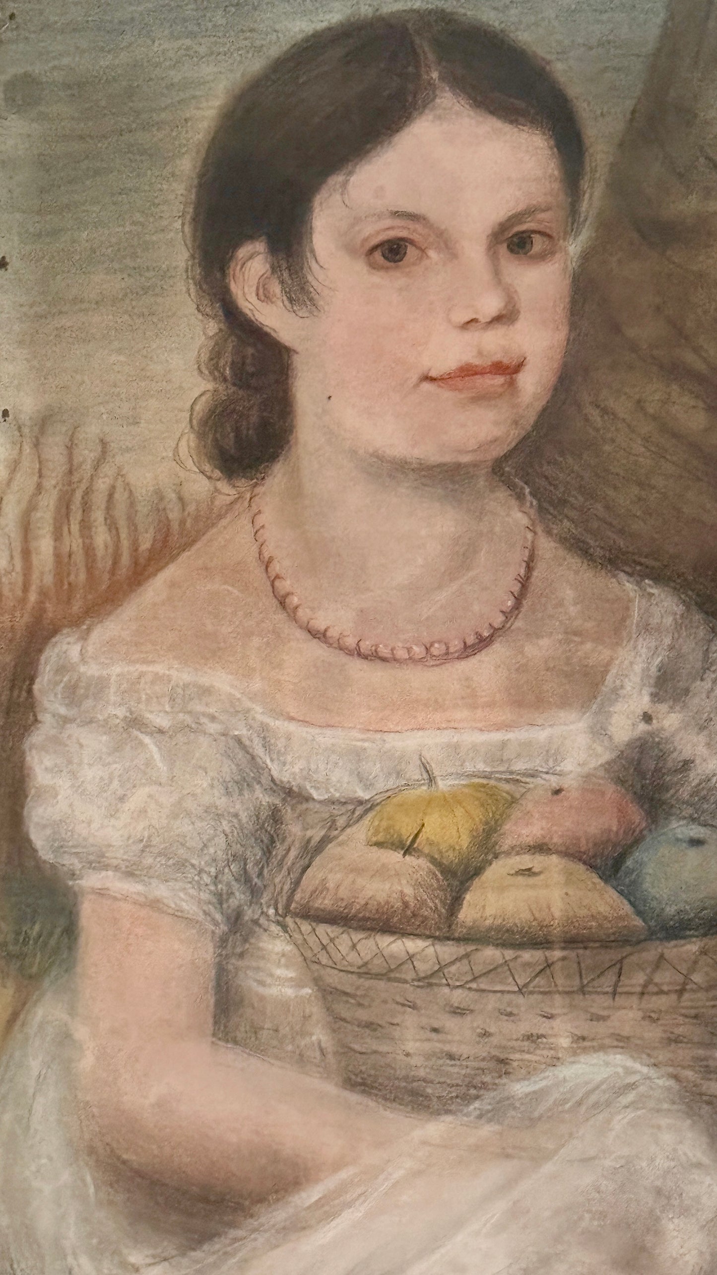 19th Century Pastel Portrait of a Young Girl Holding Fruit Basket in Antique Gold Frame
