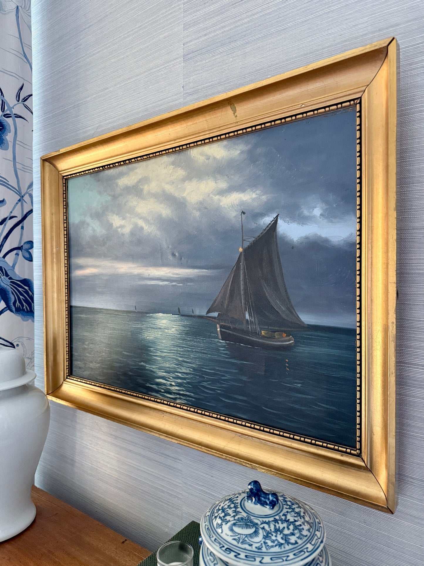 Early 20th C. Sailboats Under the Moonlight Seascape Oil Painting in Gold Frame