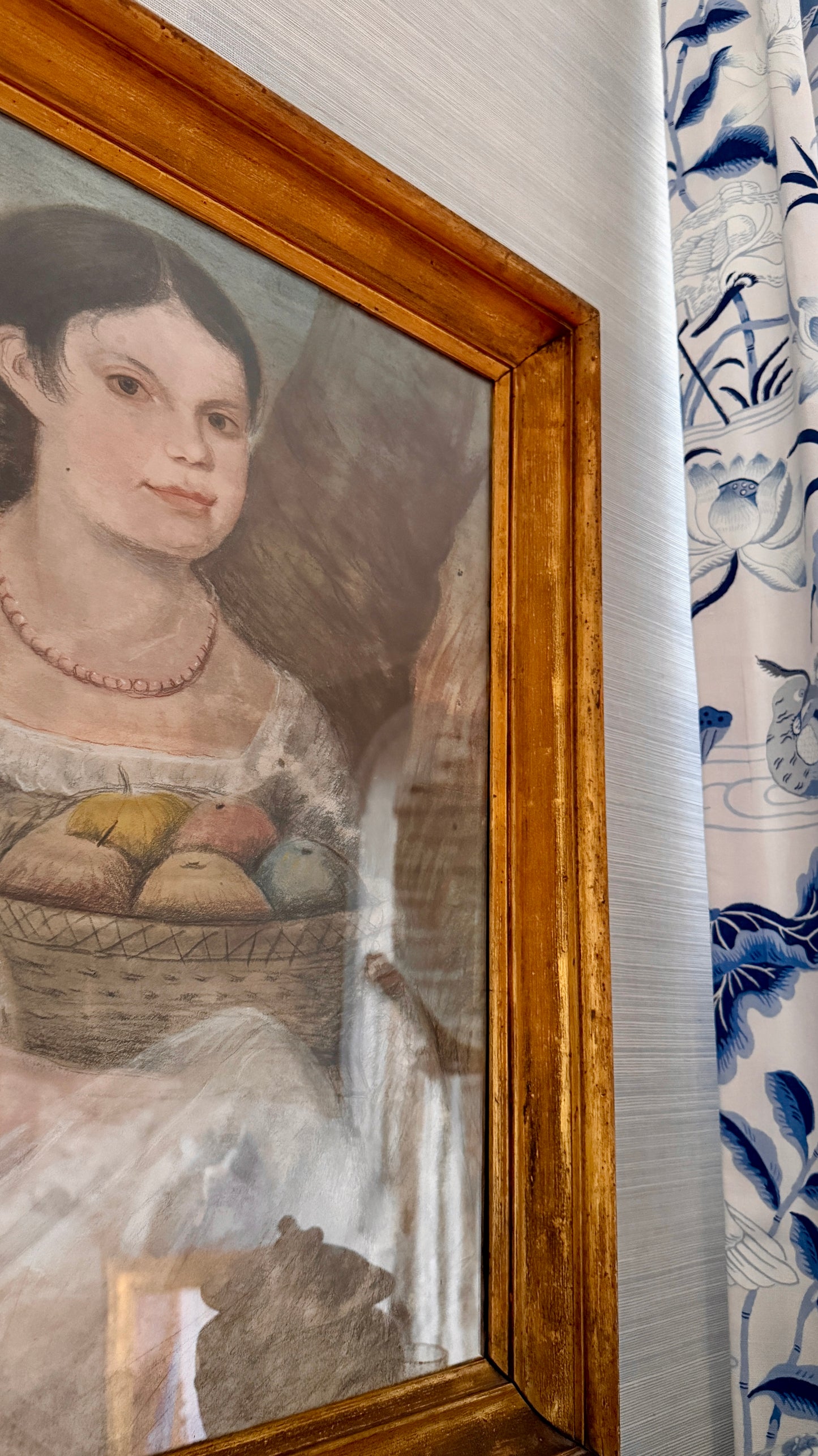 19th Century Pastel Portrait of a Young Girl Holding Fruit Basket in Antique Gold Frame