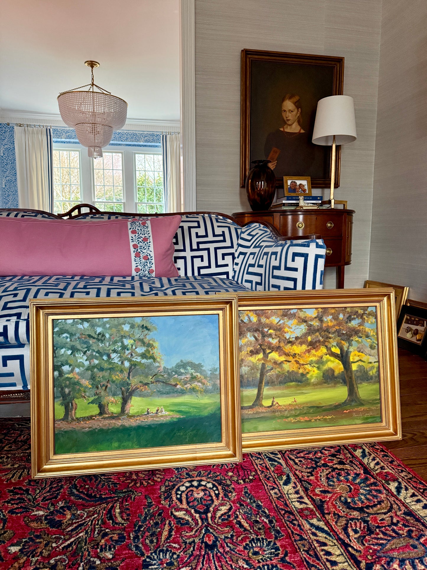 Harald Grote Pennsylvania Spring Landscape Three Girls at Curtis Arboretum Painting in Gold Frame