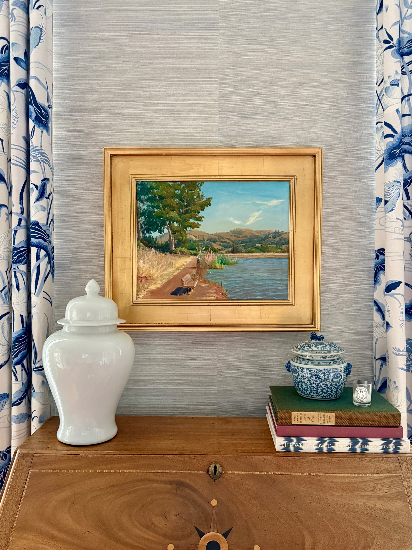 Youqing Wang California Waterside Park Landscape Oil Painting in Gold Frame