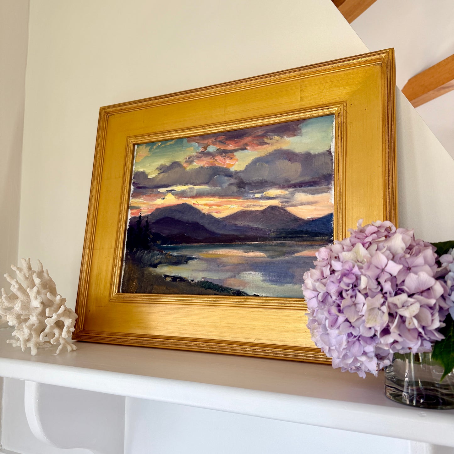 George Cherepov Mountain Lake Sunset Landscape Oil Painting in Gold Frame
