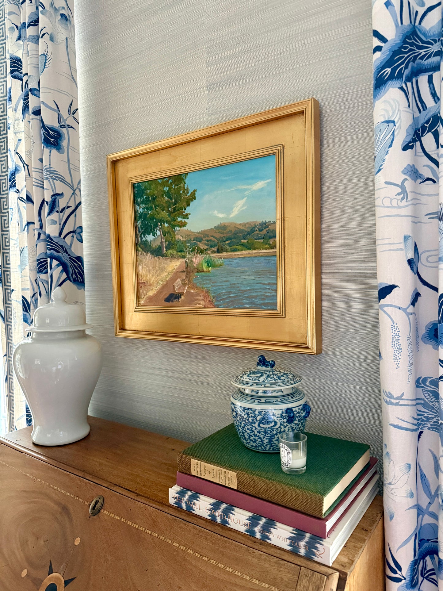 Youqing Wang California Waterside Park Landscape Oil Painting in Gold Frame