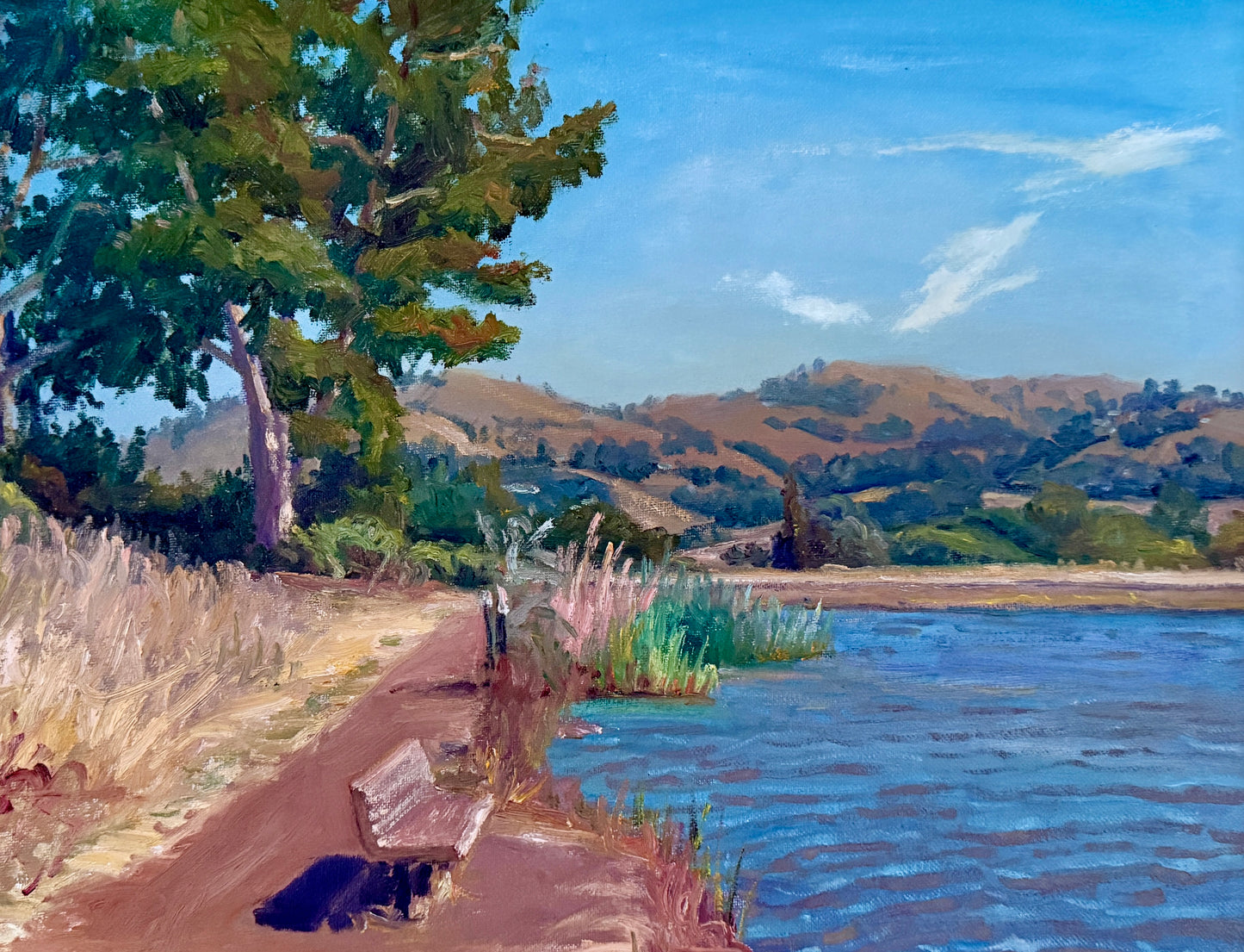 Youqing Wang California Waterside Park Landscape Oil Painting in Gold Frame