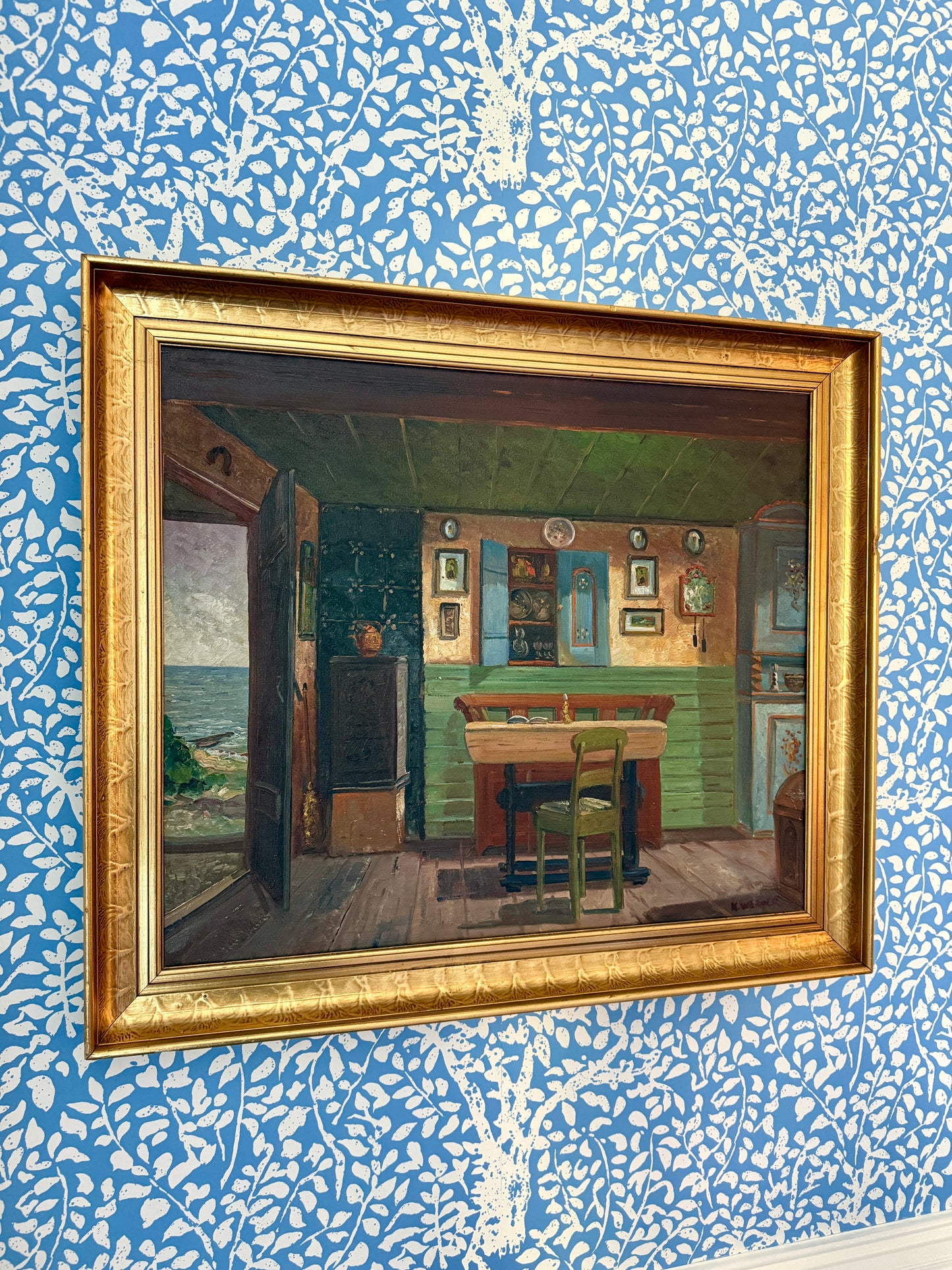 Farmhouse Colorful Interior Scene with Door Open to the Beach Oil Painting in Gold Frame