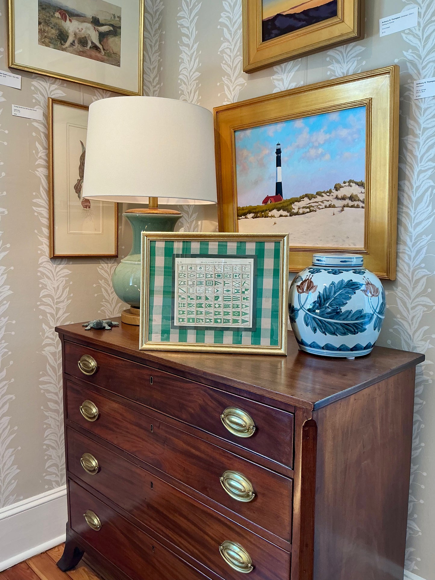 1962 Private Signals of Yachtsmen Flags on Green Silk Gingham Matting in Gold Frame