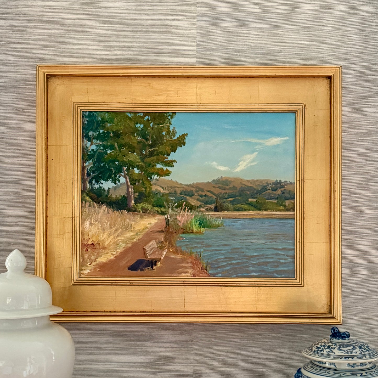 Youqing Wang California Waterside Park Landscape Oil Painting in Gold Frame