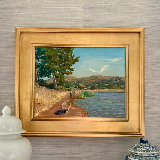 Youqing Wang California Waterside Park Landscape Oil Painting in Gold Frame