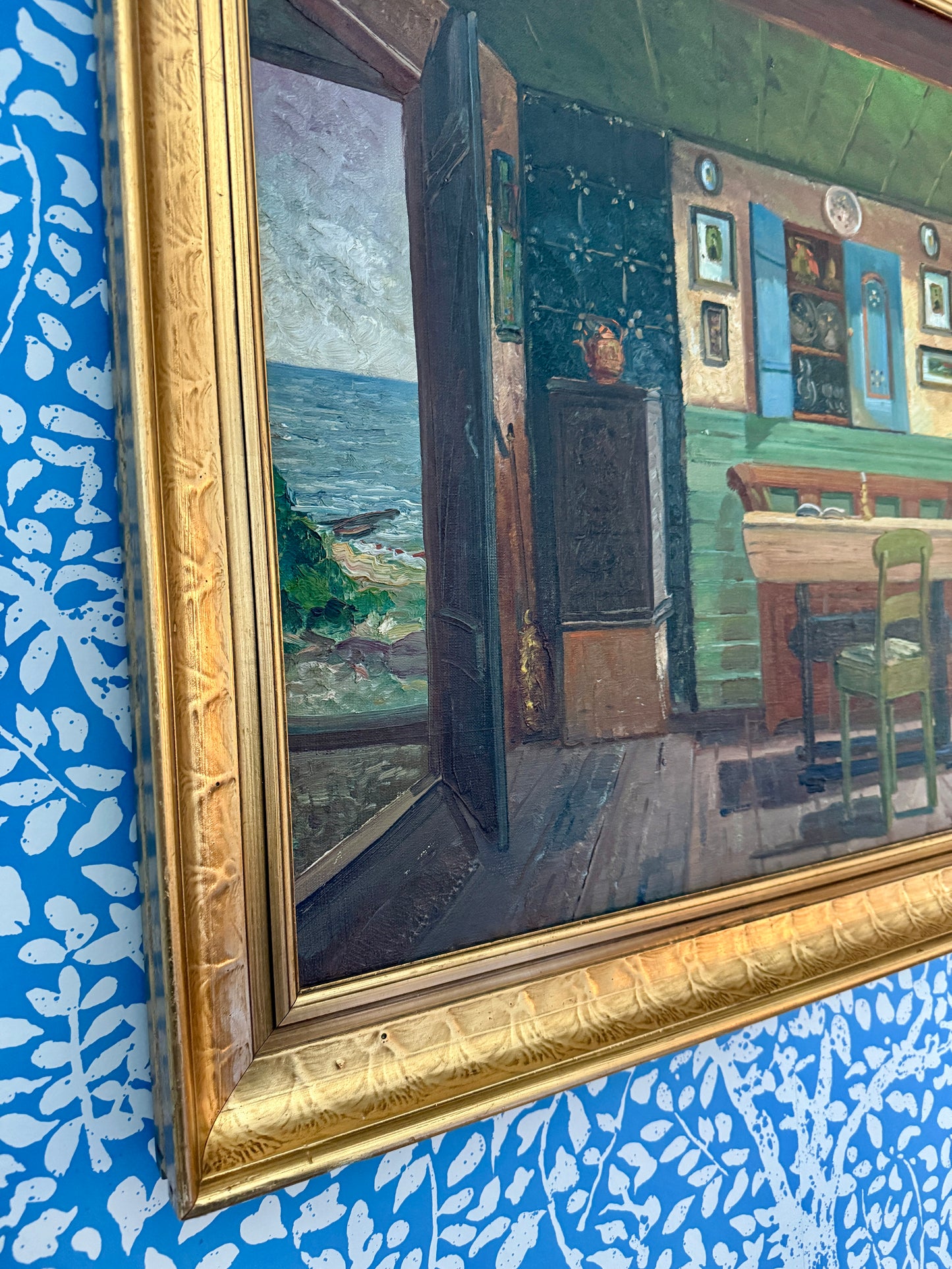 Farmhouse Colorful Interior Scene with Door Open to the Beach Oil Painting in Gold Frame