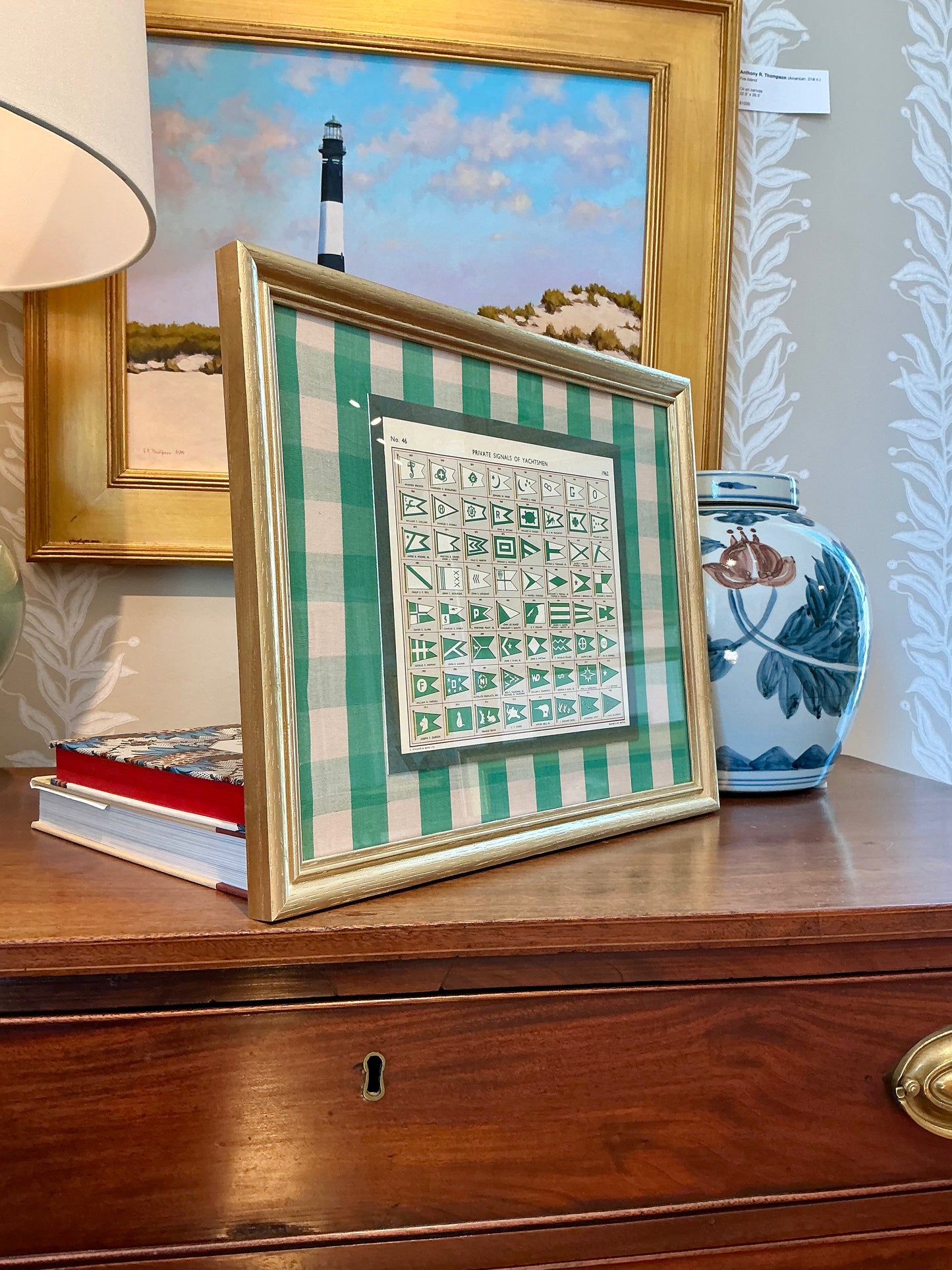1962 Private Signals of Yachtsmen Flags on Green Silk Gingham Matting in Gold Frame