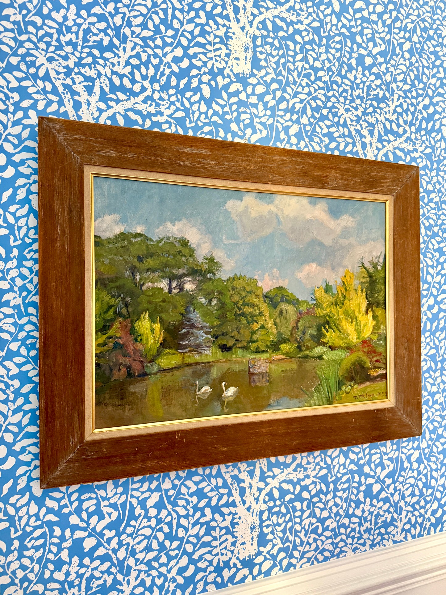 Troels Trier 1953 Impressionist Park Landscape with Swans in Pond Oil Painting in Wide Wood Frame