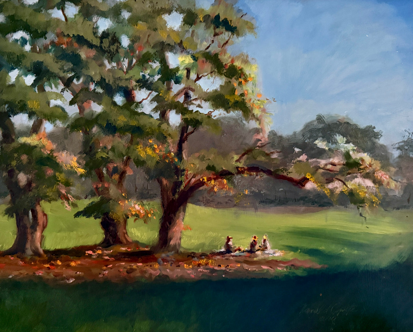 Harald Grote Pennsylvania Spring Landscape Three Girls at Curtis Arboretum Painting in Gold Frame