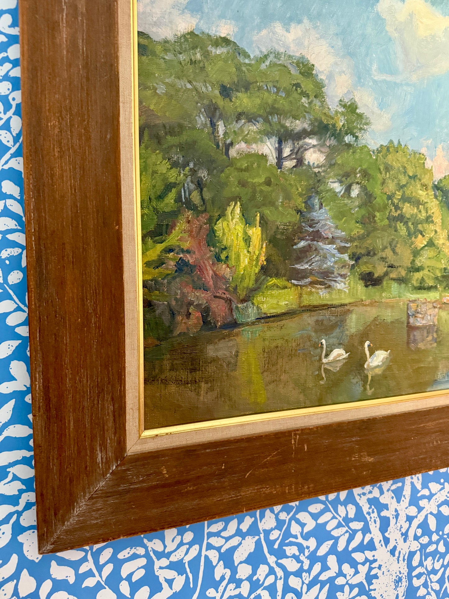 Troels Trier 1953 Impressionist Park Landscape with Swans in Pond Oil Painting in Wide Wood Frame