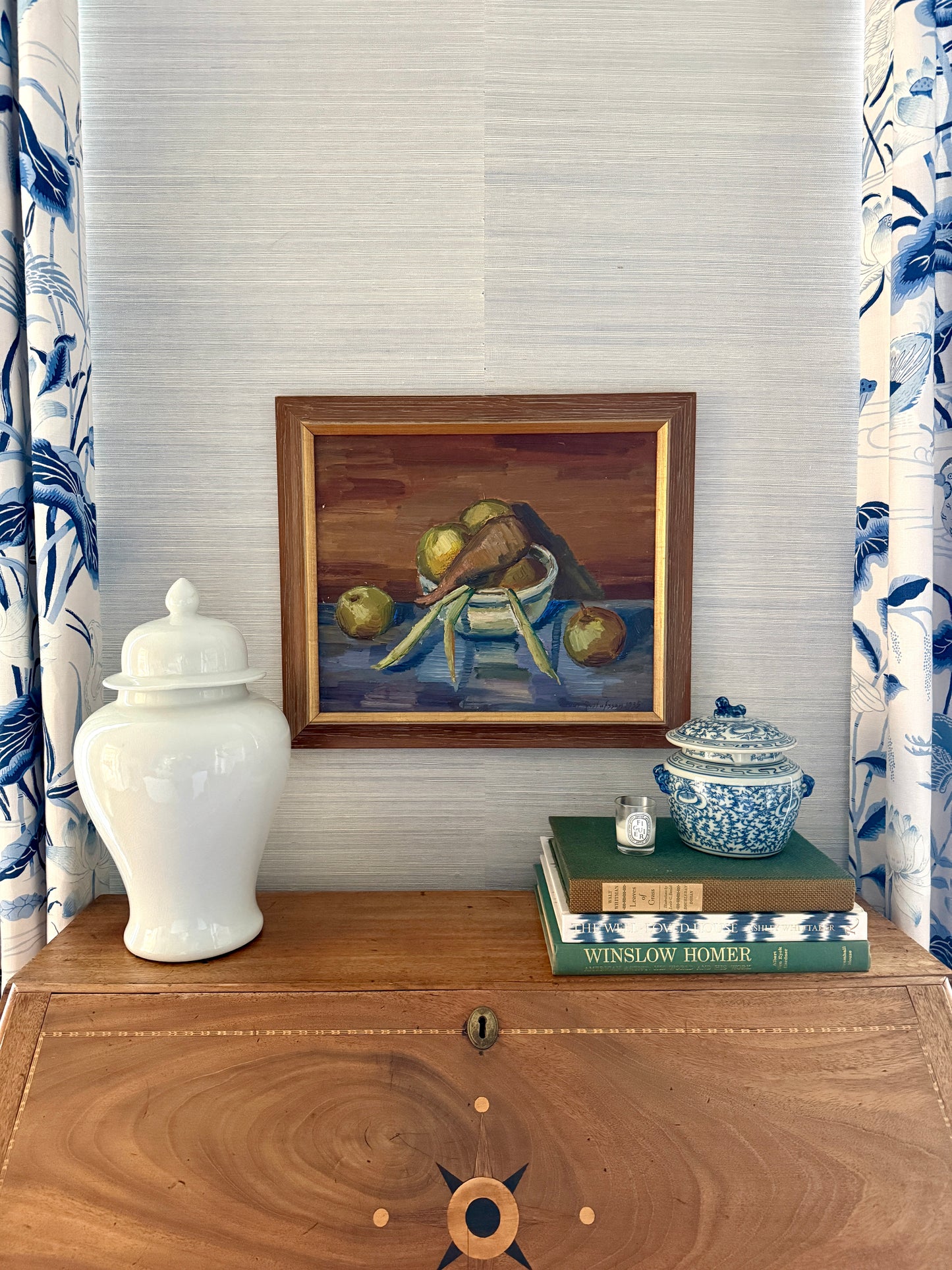 1935 Expressionist Still Life of Apples, Carrots and Peas in Wood Frame