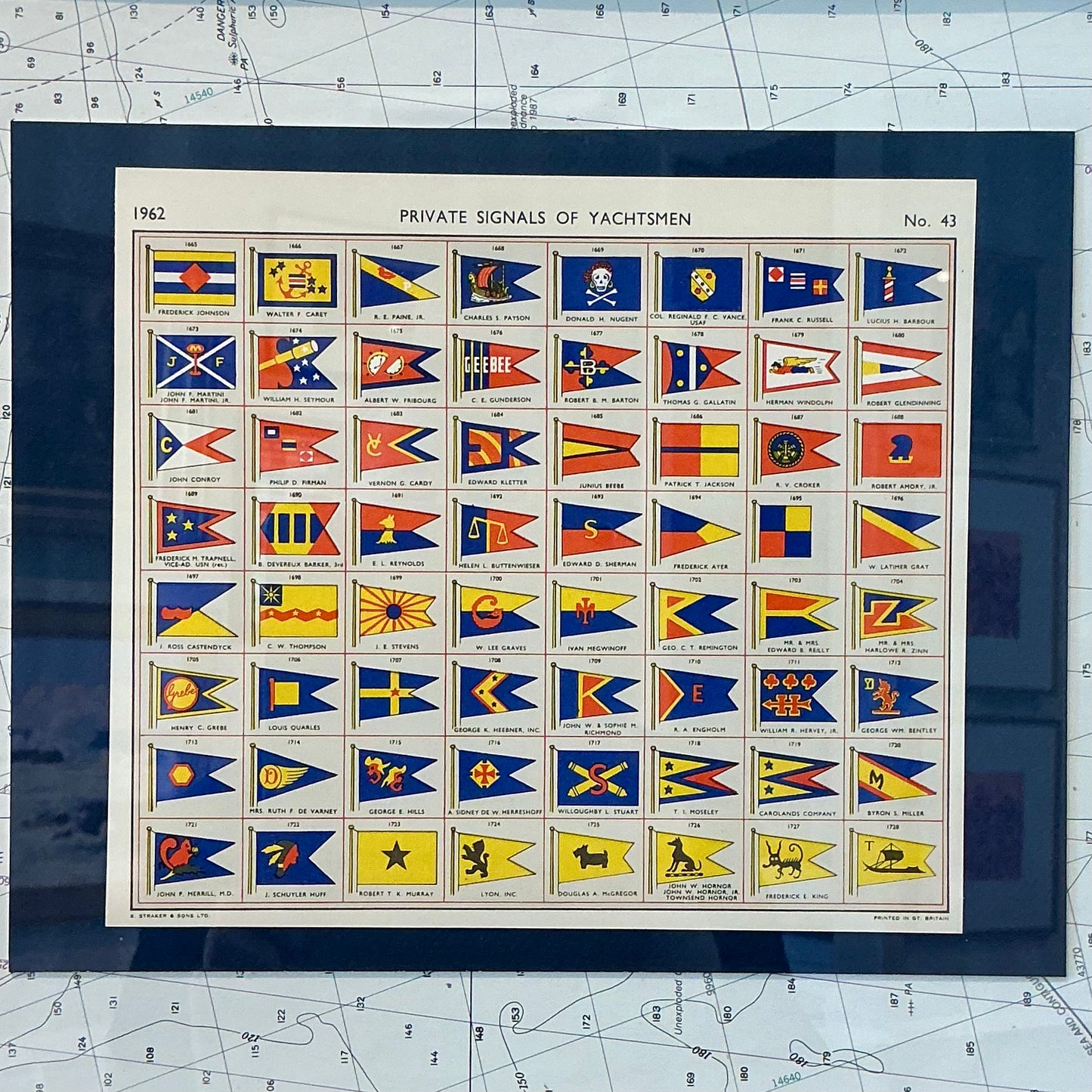 1962 Private Signals of Yachtsmen Flags on Nautical Map in Gold Frame