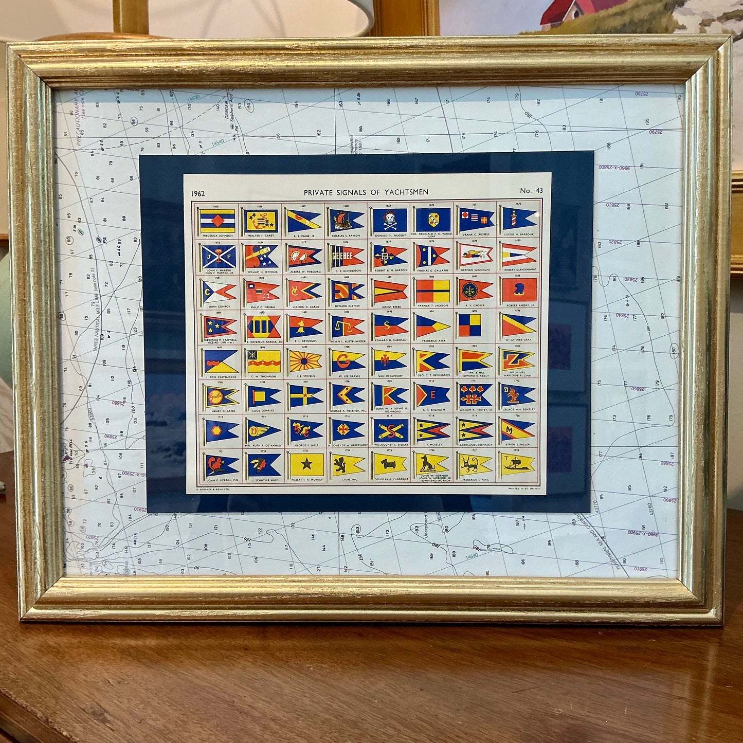 1962 Private Signals of Yachtsmen Flags on Nautical Map in Gold Frame