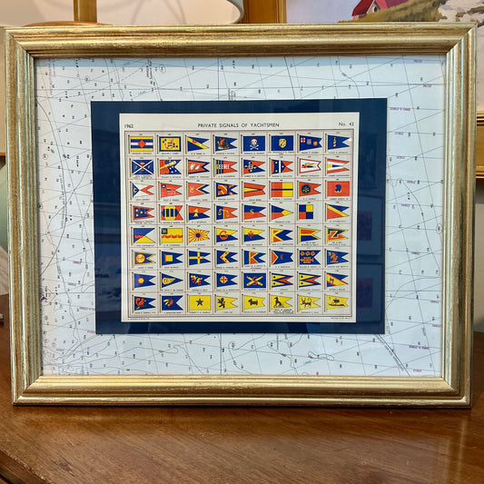 1962 Private Signals of Yachtsmen Flags on Nautical Map in Gold Frame