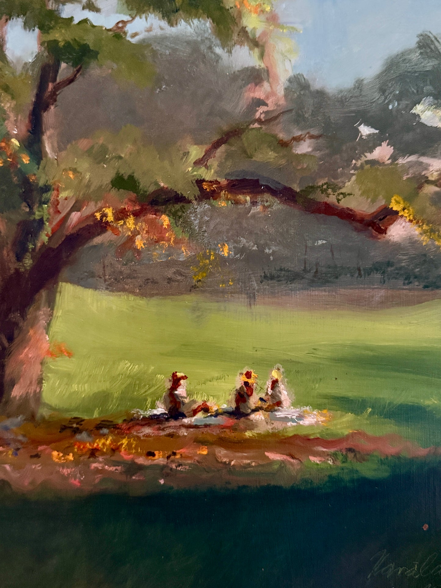 Harald Grote Pennsylvania Spring Landscape Three Girls at Curtis Arboretum Painting in Gold Frame