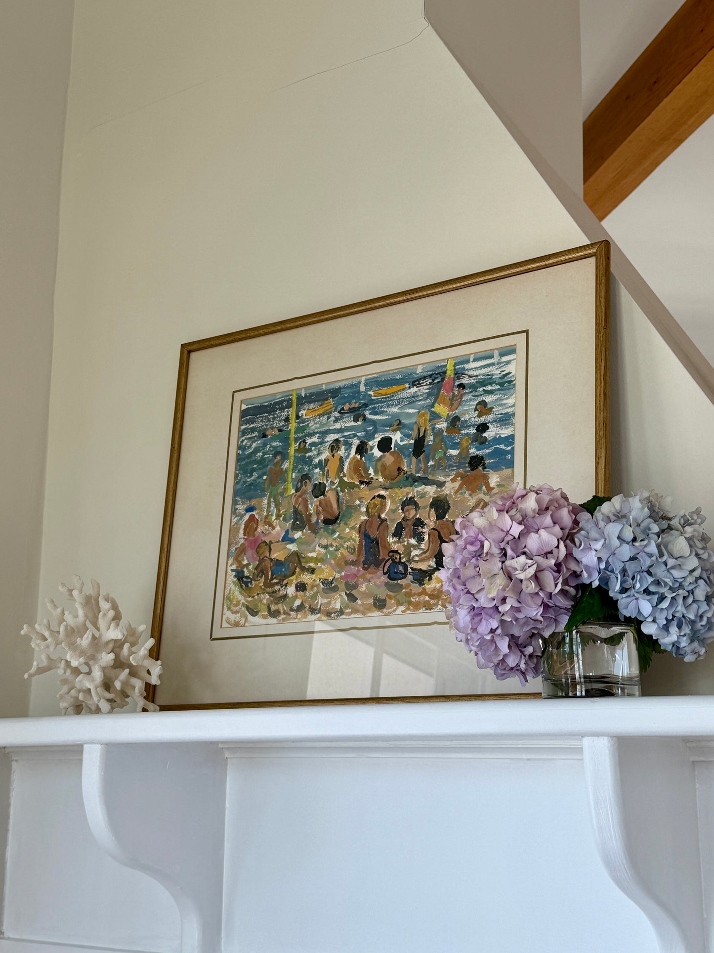Vintage Carolyn Stafford Crowded Beach Seascape Painting in Gold Frame