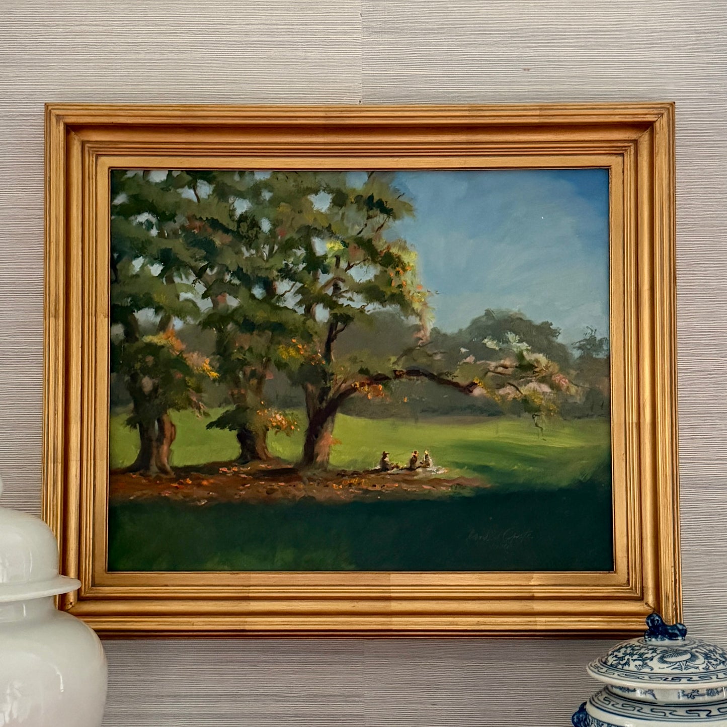 Harald Grote Pennsylvania Spring Landscape Three Girls at Curtis Arboretum Painting in Gold Frame