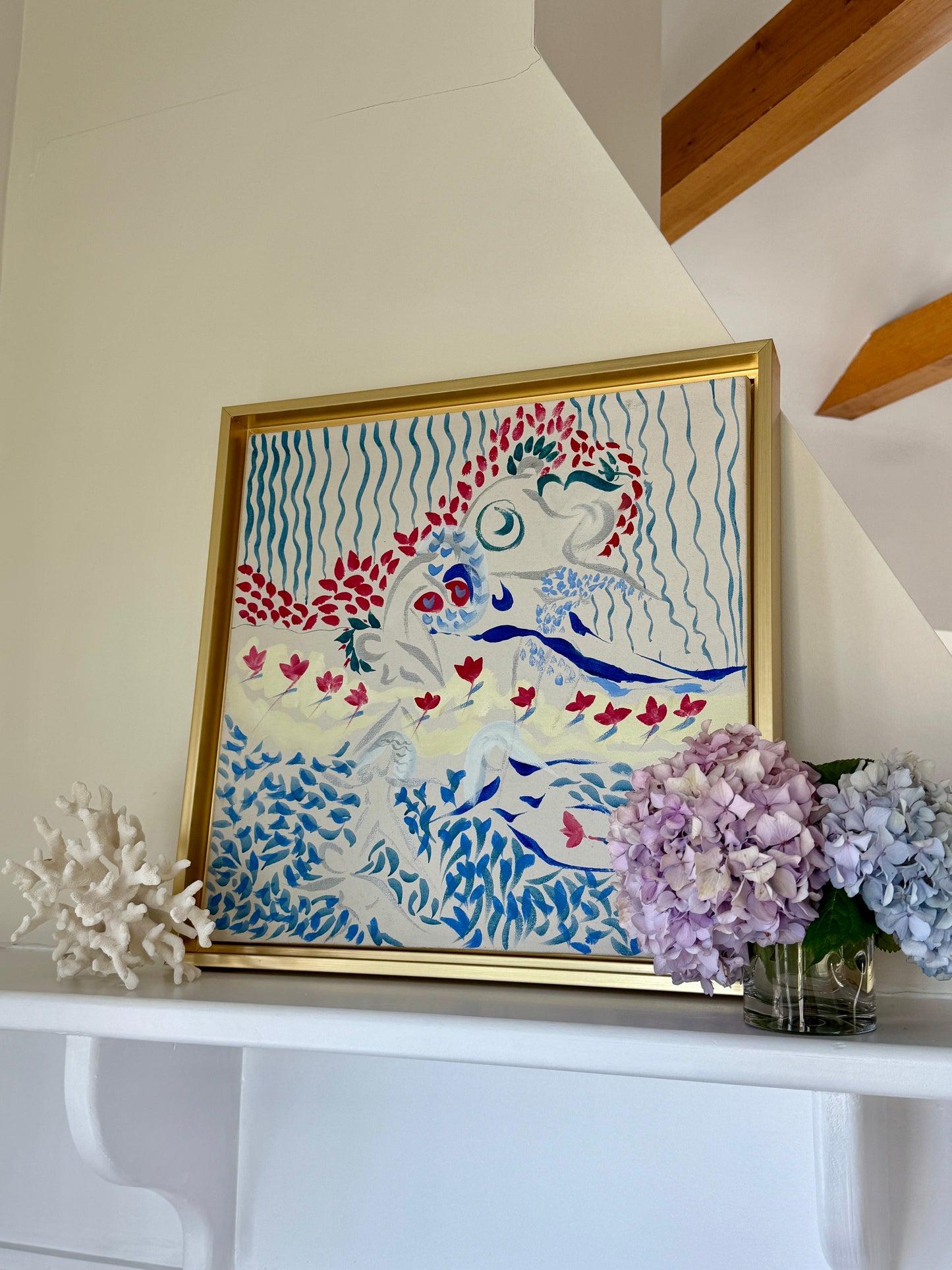 Eva Bouzard-Hui Abstract Figural Female Floral Composition Oil Painting in Gold Frame