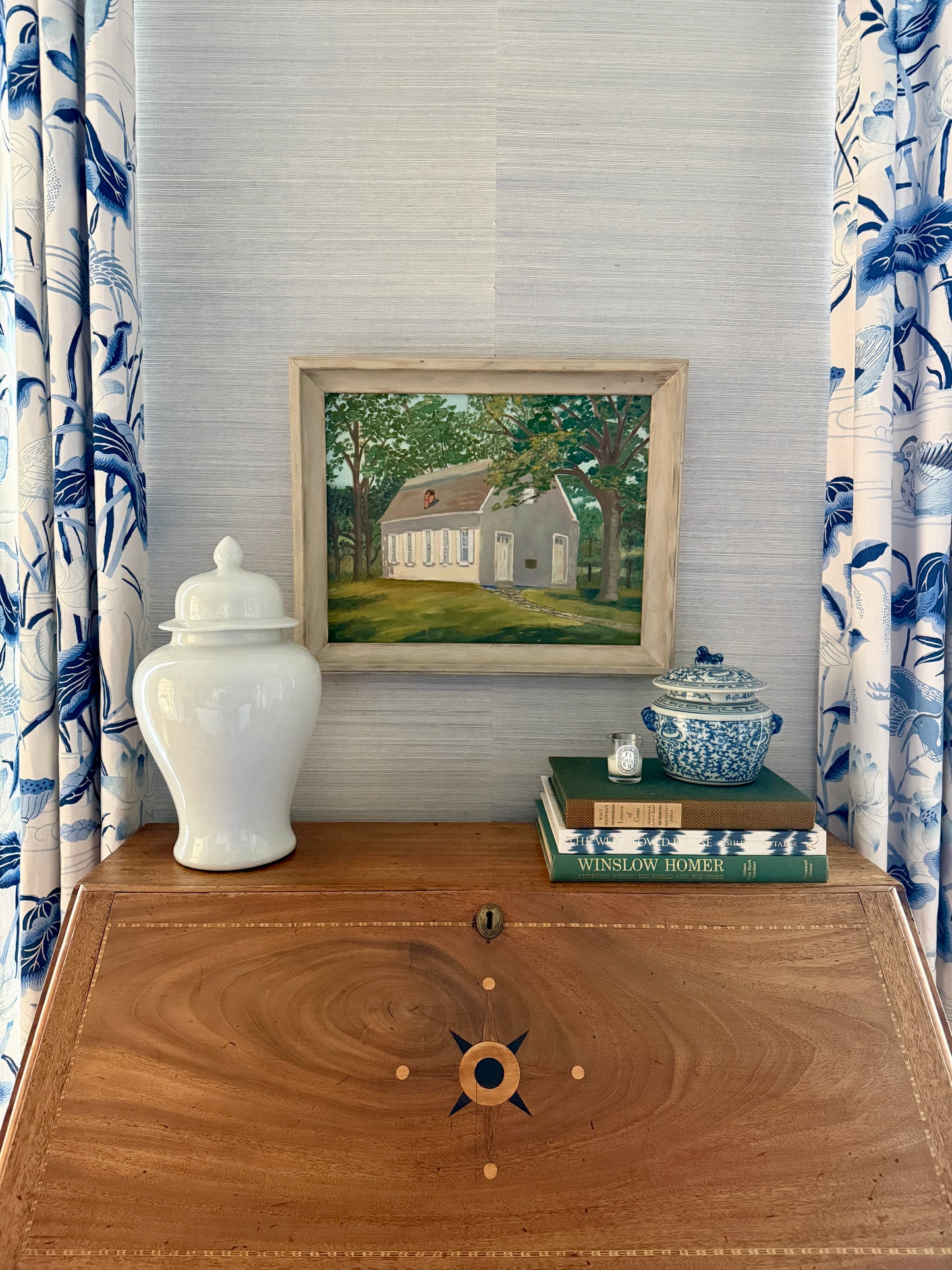 Vintage Oil Painting of a Pennsylvania Meeting House in Wooded Landscape in White Wood Frame