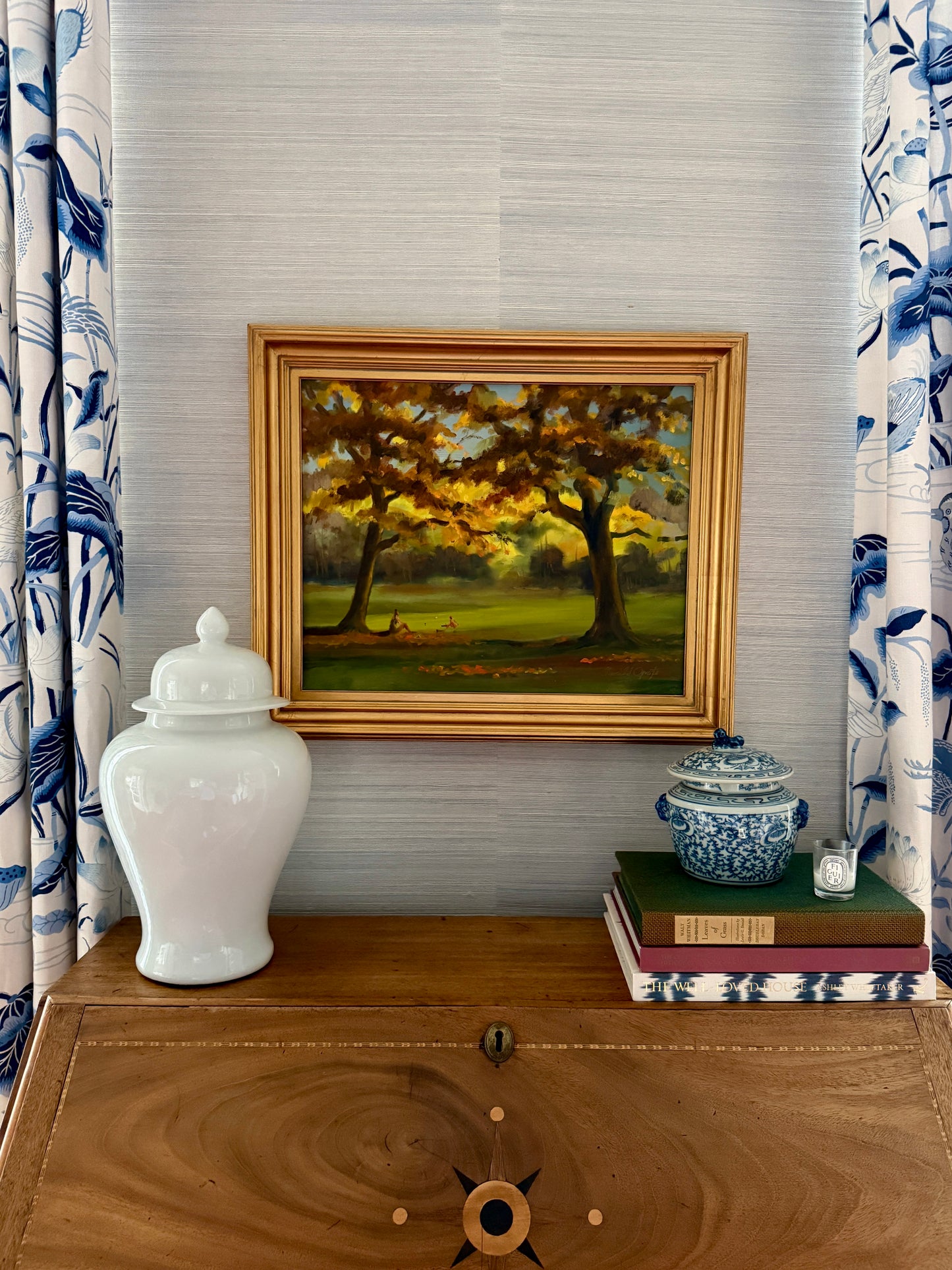 Harald Grote Pennsylvania Fall Landscape Mother and Child at Curtis Arboretum Painting in Gold Frame