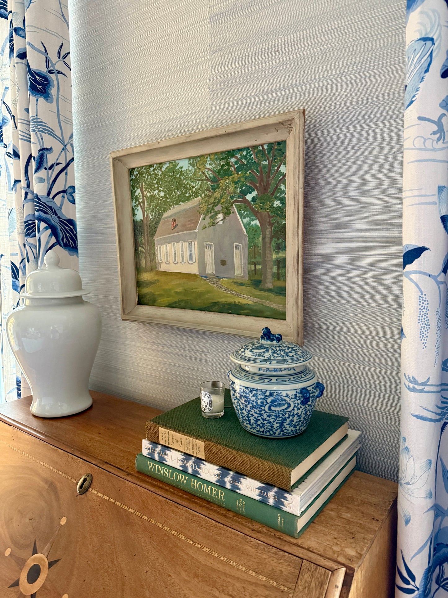 Vintage Oil Painting of a Pennsylvania Meeting House in Wooded Landscape in White Wood Frame