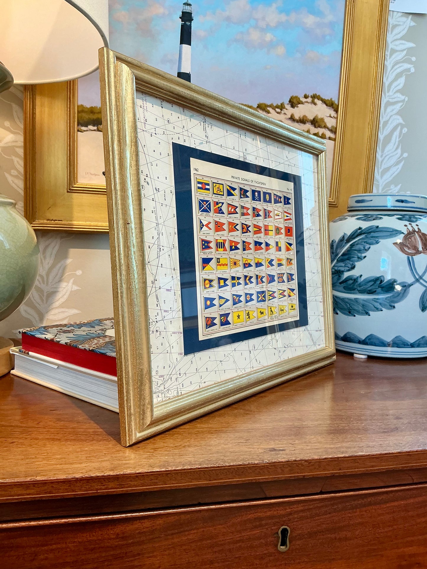 1962 Private Signals of Yachtsmen Flags on Nautical Map in Gold Frame