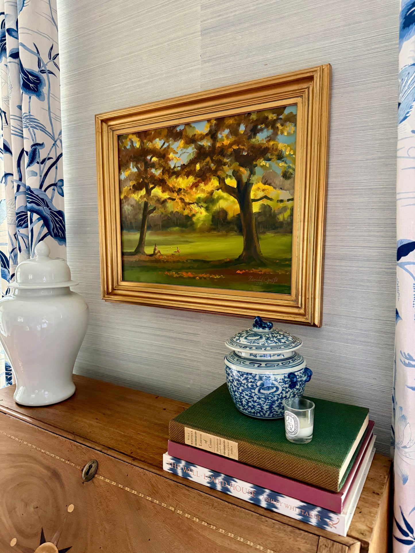 Harald Grote Pennsylvania Fall Landscape Mother and Child at Curtis Arboretum Painting in Gold Frame
