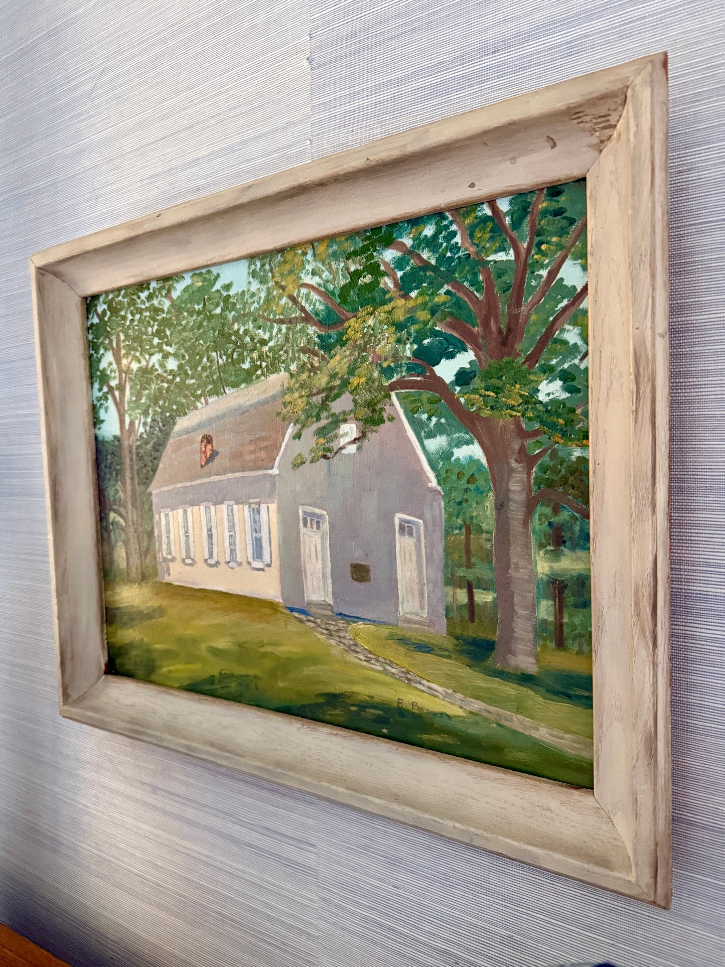Vintage Oil Painting of a Pennsylvania Meeting House in Wooded Landscape in White Wood Frame