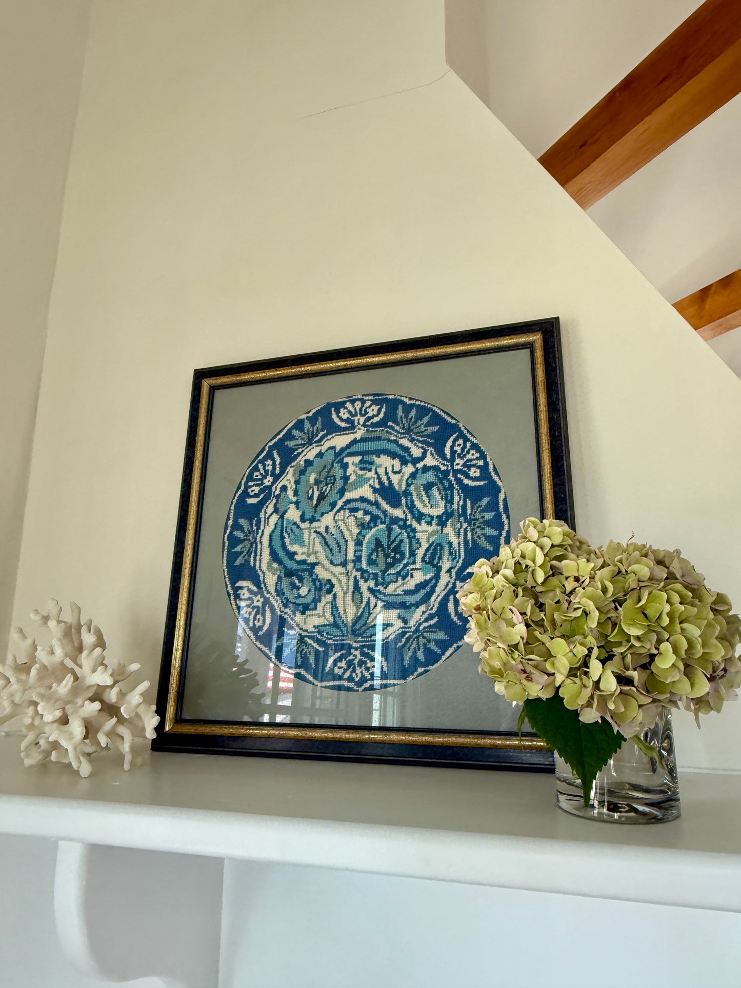 Vintage Blue and White Needlepoint Plate in Custom Frame