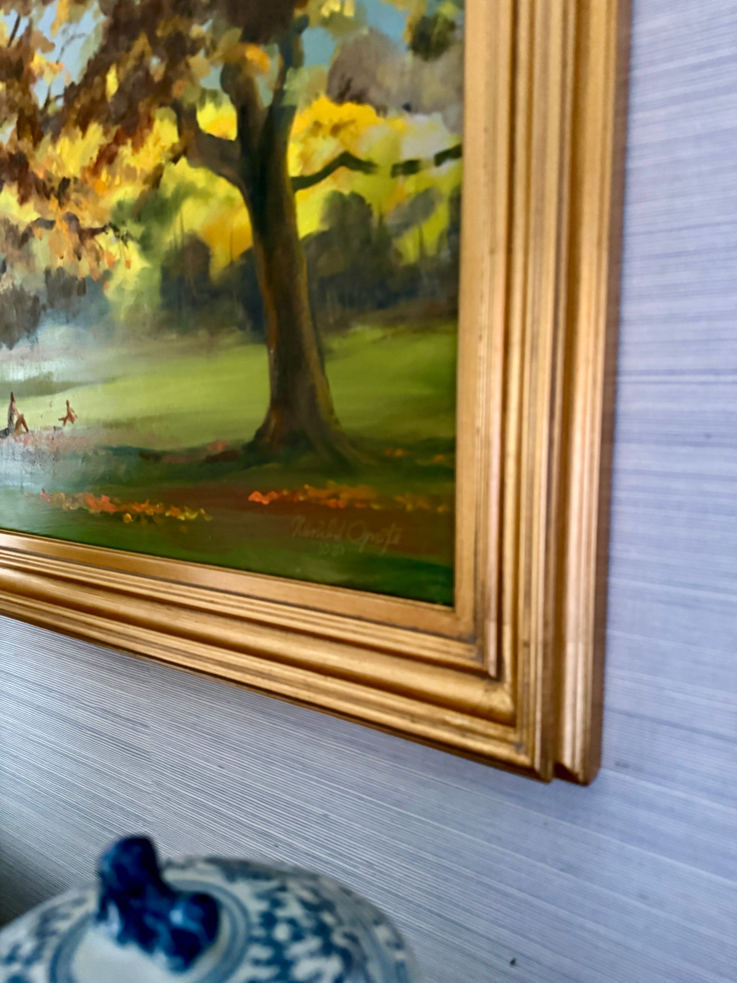 Harald Grote Pennsylvania Fall Landscape Mother and Child at Curtis Arboretum Painting in Gold Frame