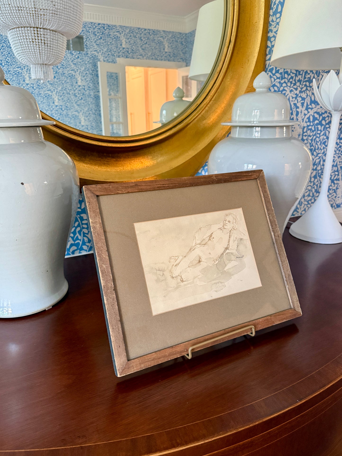 Seymour Remenick Nude Female Tonal Watercolor Portrait in Wood Frame