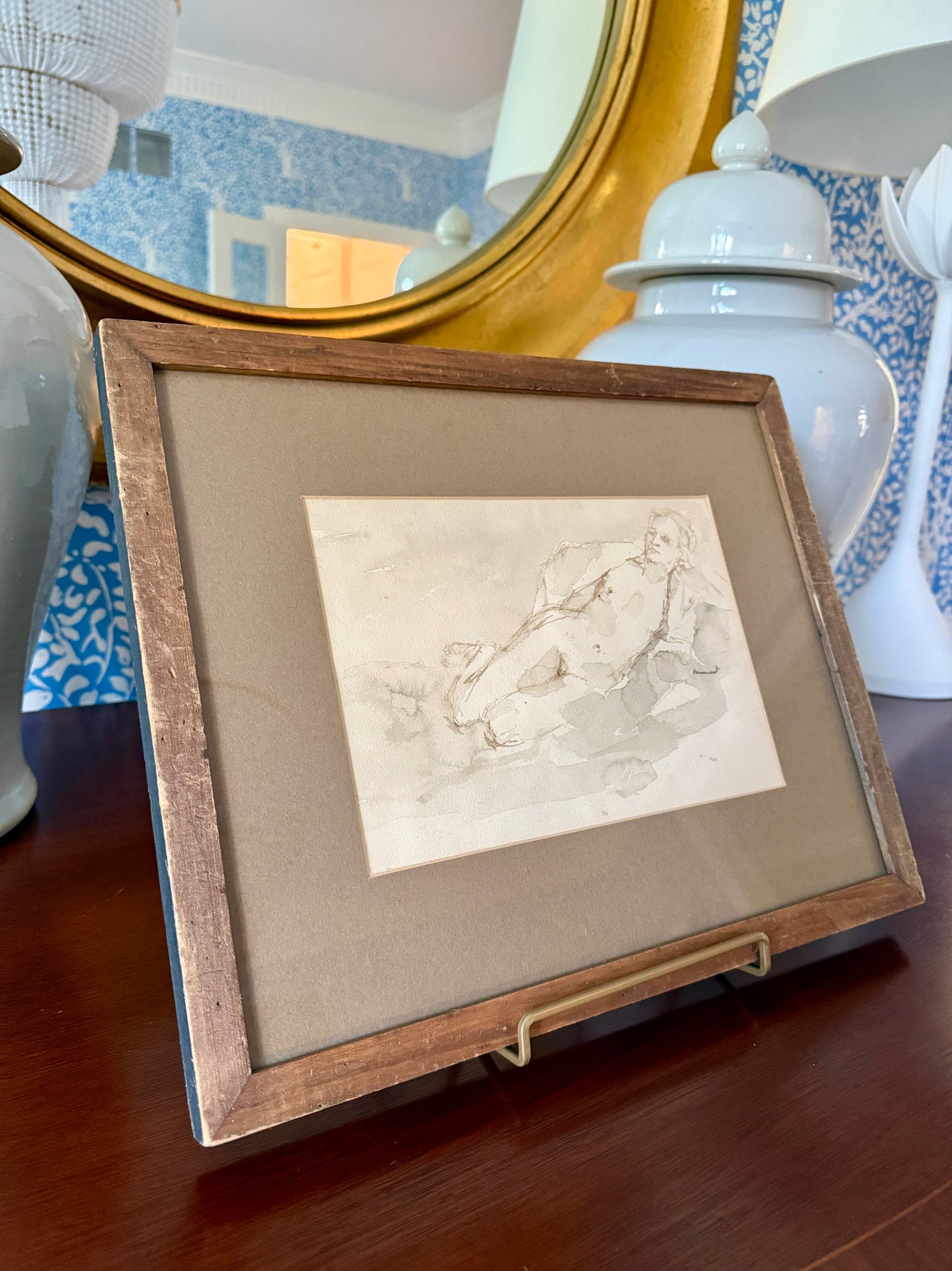 Seymour Remenick Nude Female Tonal Watercolor Portrait in Wood Frame