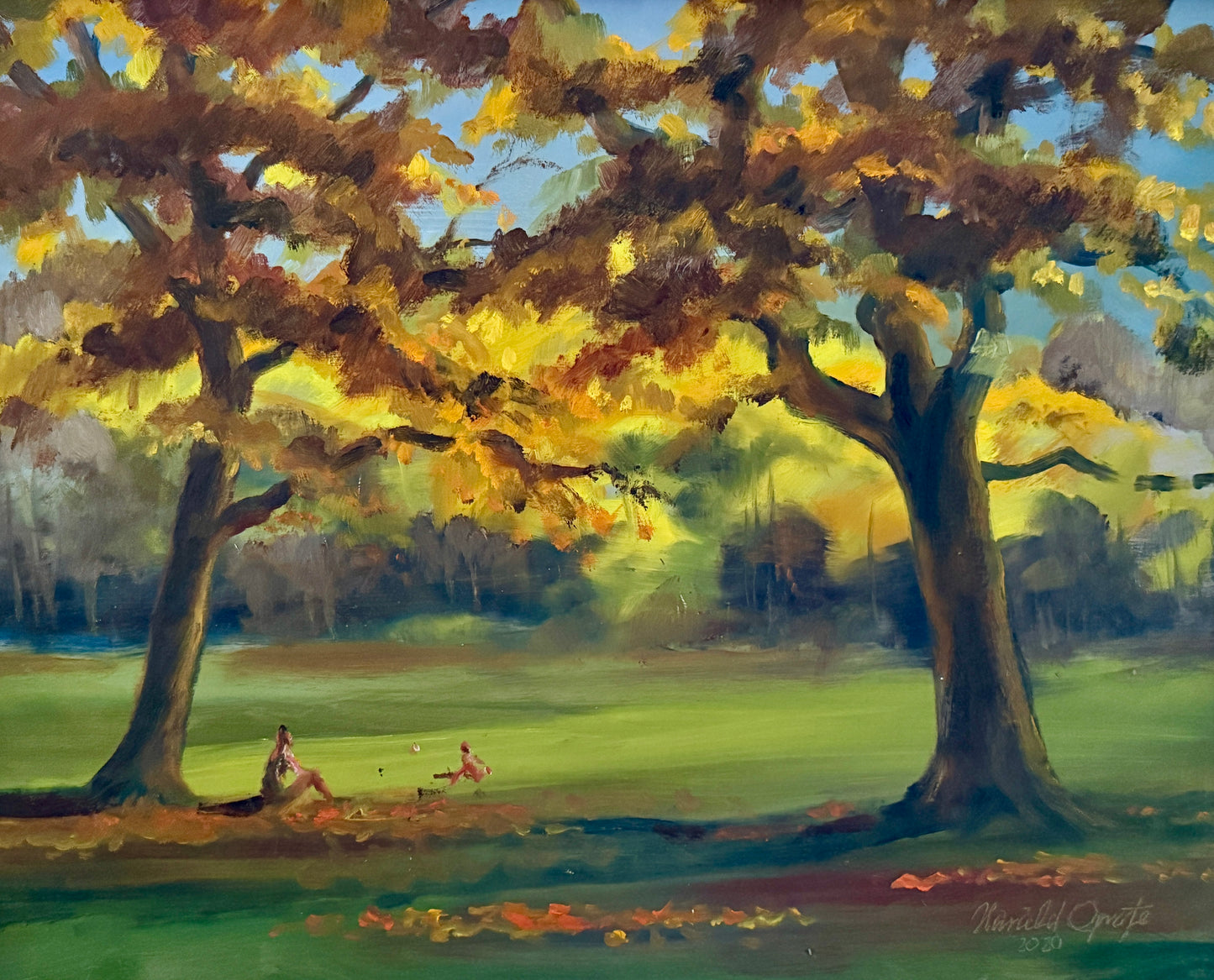 Harald Grote Pennsylvania Fall Landscape Mother and Child at Curtis Arboretum Painting in Gold Frame