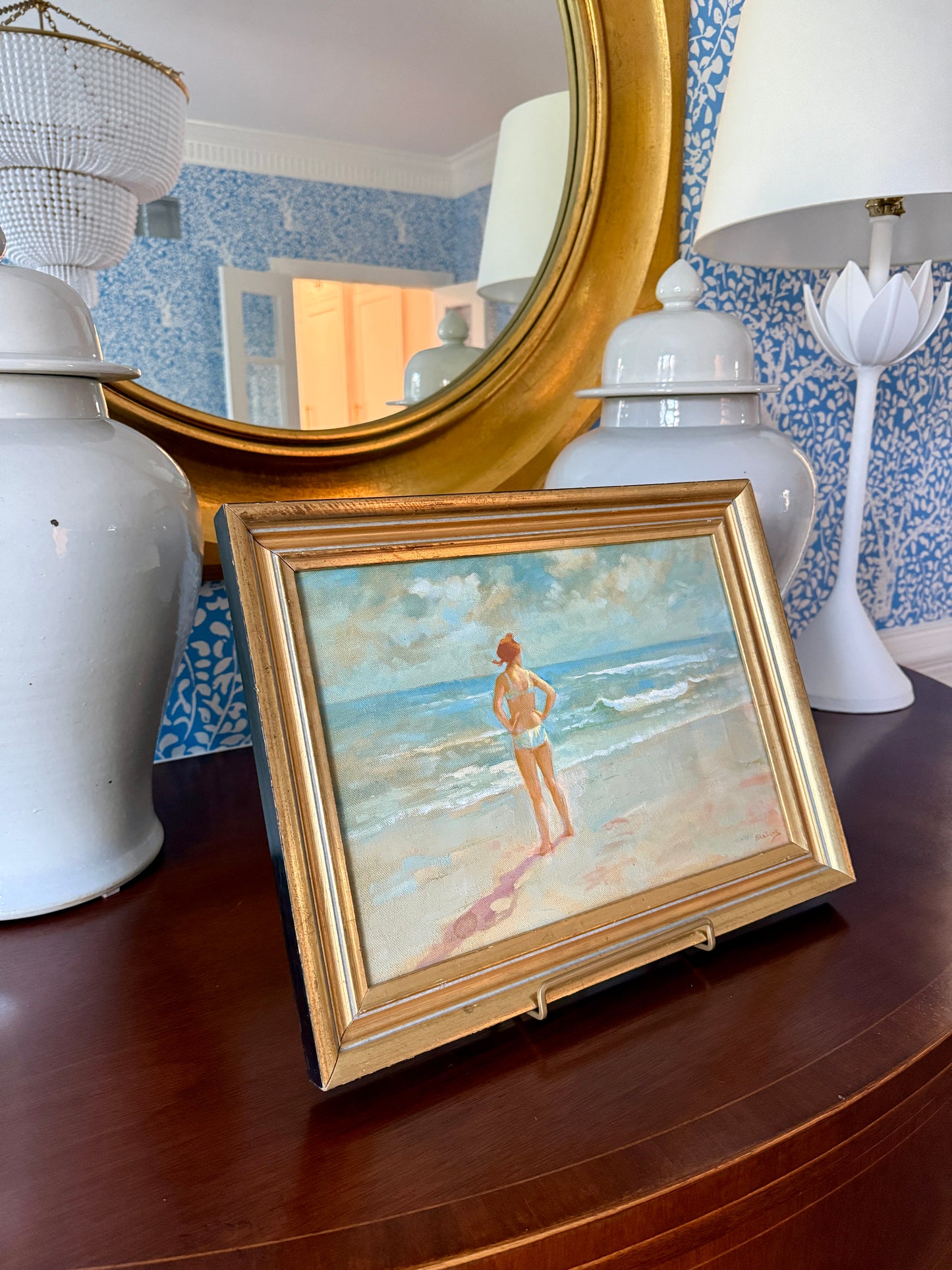Marcos Blahove Redhead Girl and the Sea Oil Painting in Gold Frame
