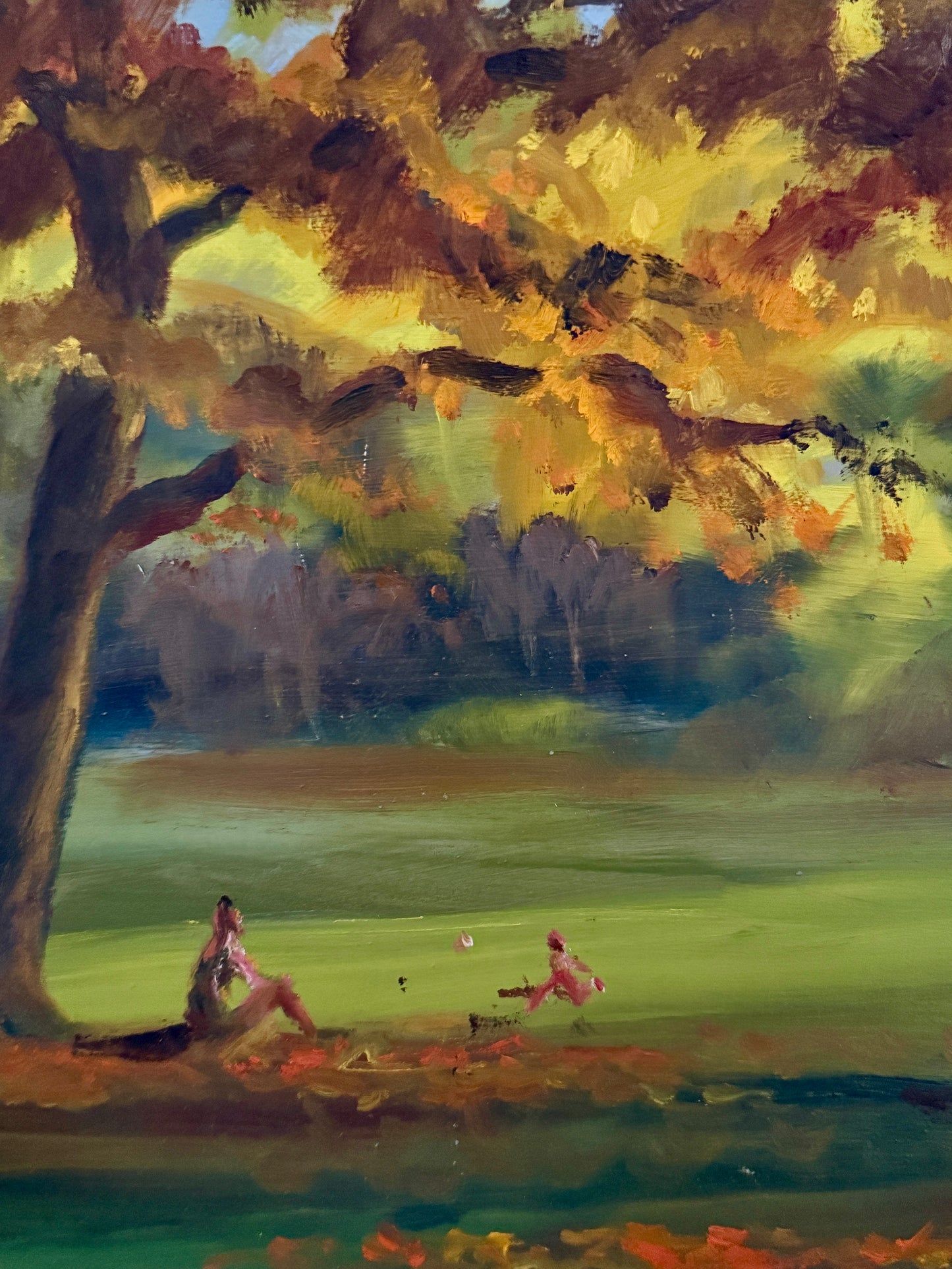 Harald Grote Pennsylvania Fall Landscape Mother and Child at Curtis Arboretum Painting in Gold Frame