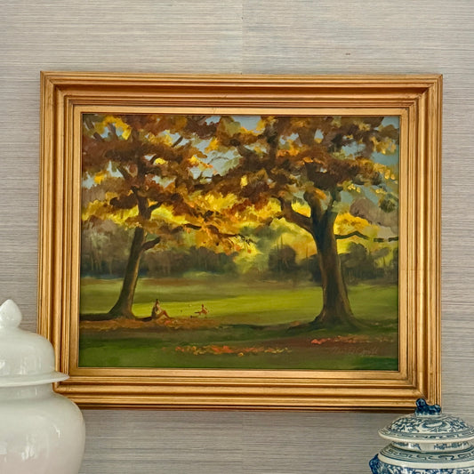 Harald Grote Pennsylvania Fall Landscape Mother and Child at Curtis Arboretum Painting in Gold Frame