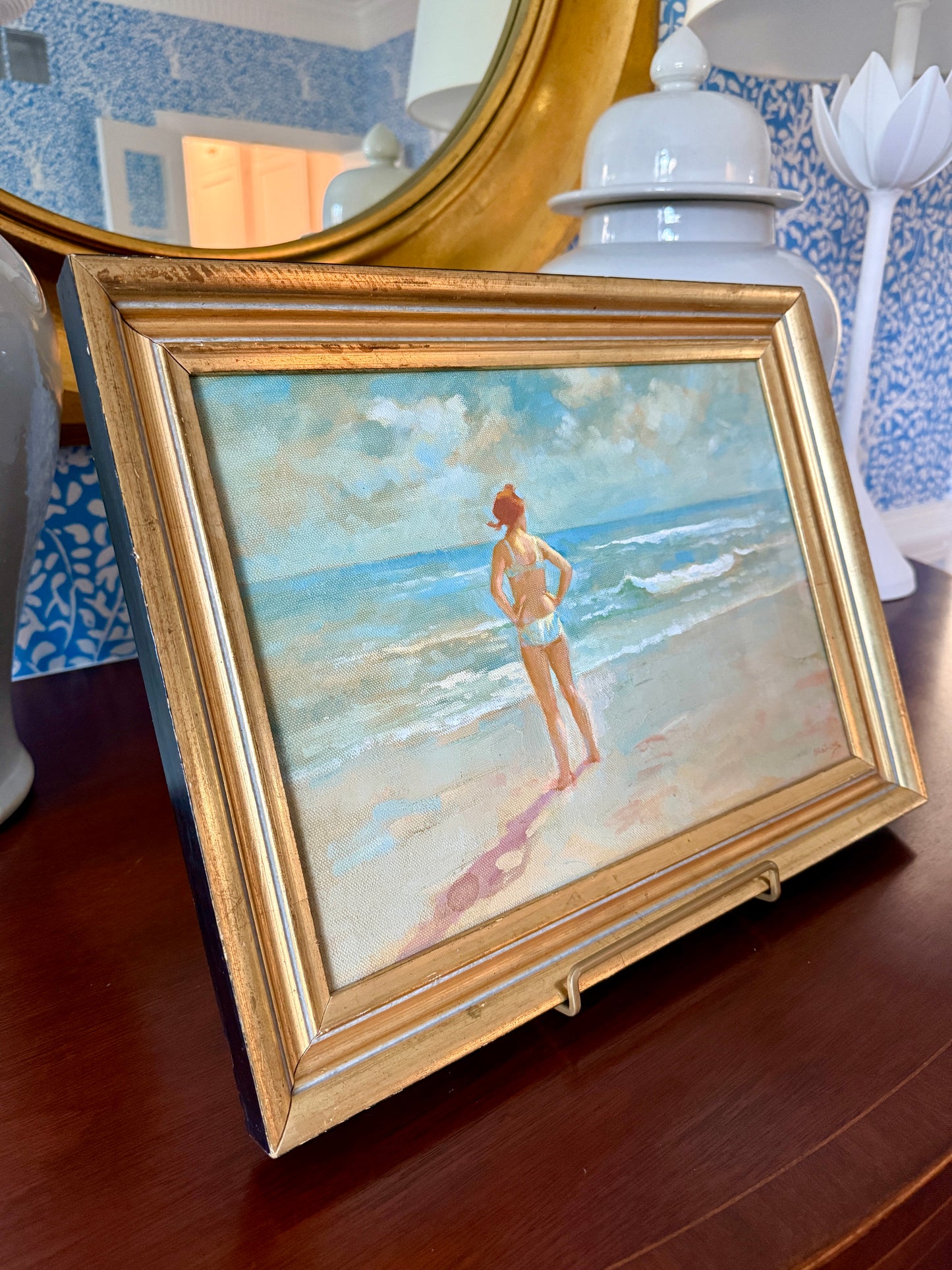 Marcos Blahove Redhead Girl and the Sea Oil Painting in Gold Frame