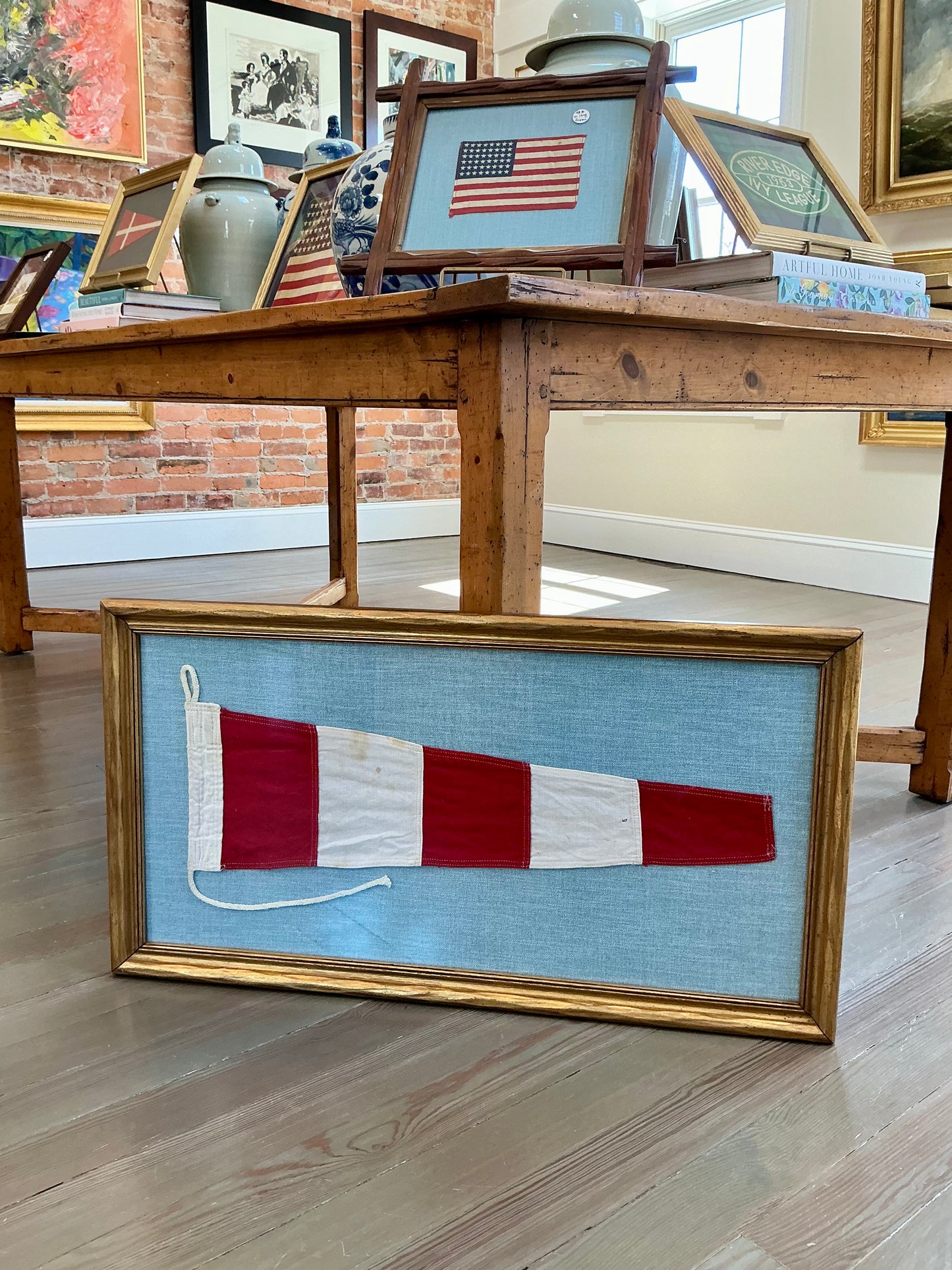 Vintage Red and White Striped Nautical Signal Flag on Blue Twill in Gold Frame