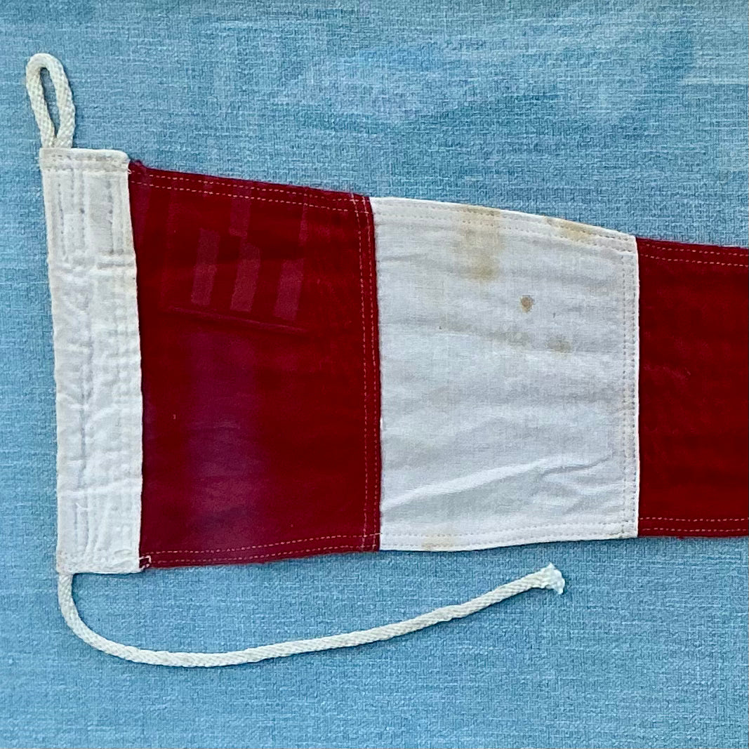 Vintage Red and White Striped Nautical Signal Flag on Blue Twill in Gold Frame