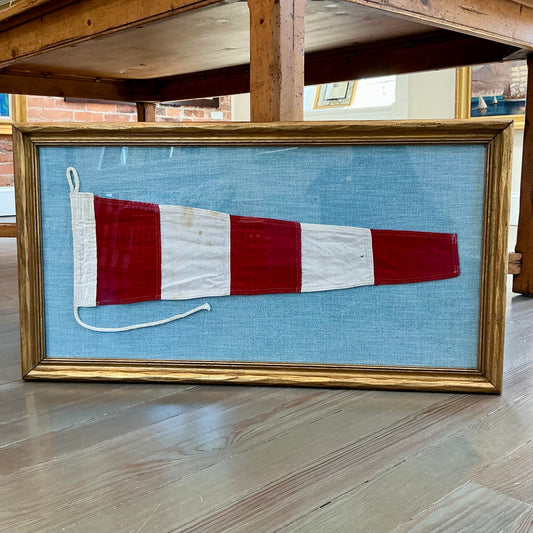Vintage Red and White Striped Nautical Signal Flag on Blue Twill in Gold Frame