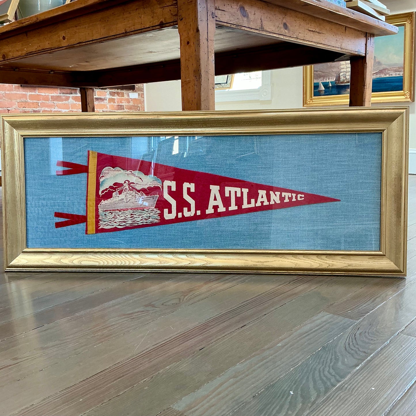 S.S. Atlantic Vintage Felt Naval Ship Pennant on Light Blue Twill in Gold Frame